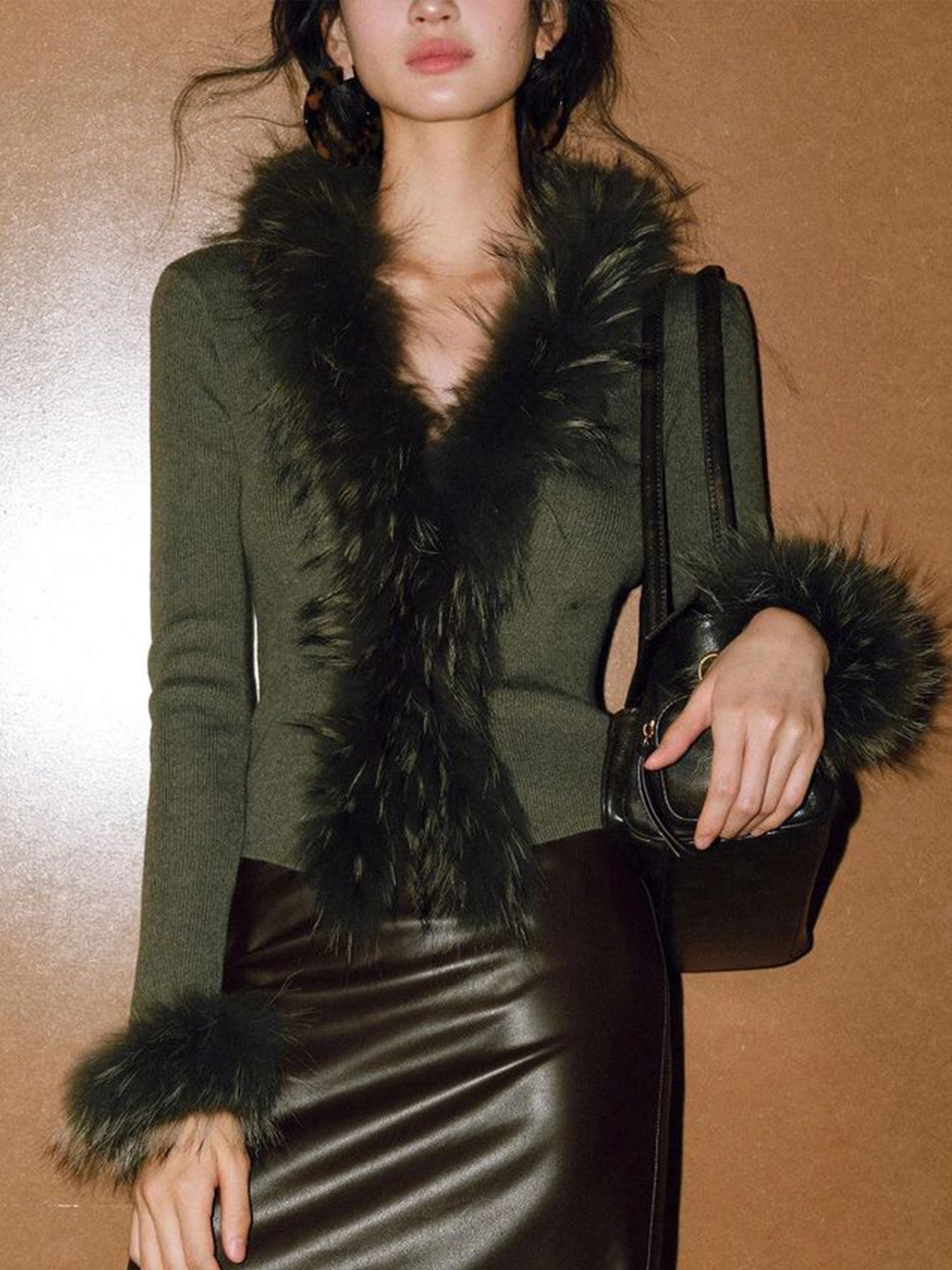 Elegant Plain Fur Collar V Neck Sweater