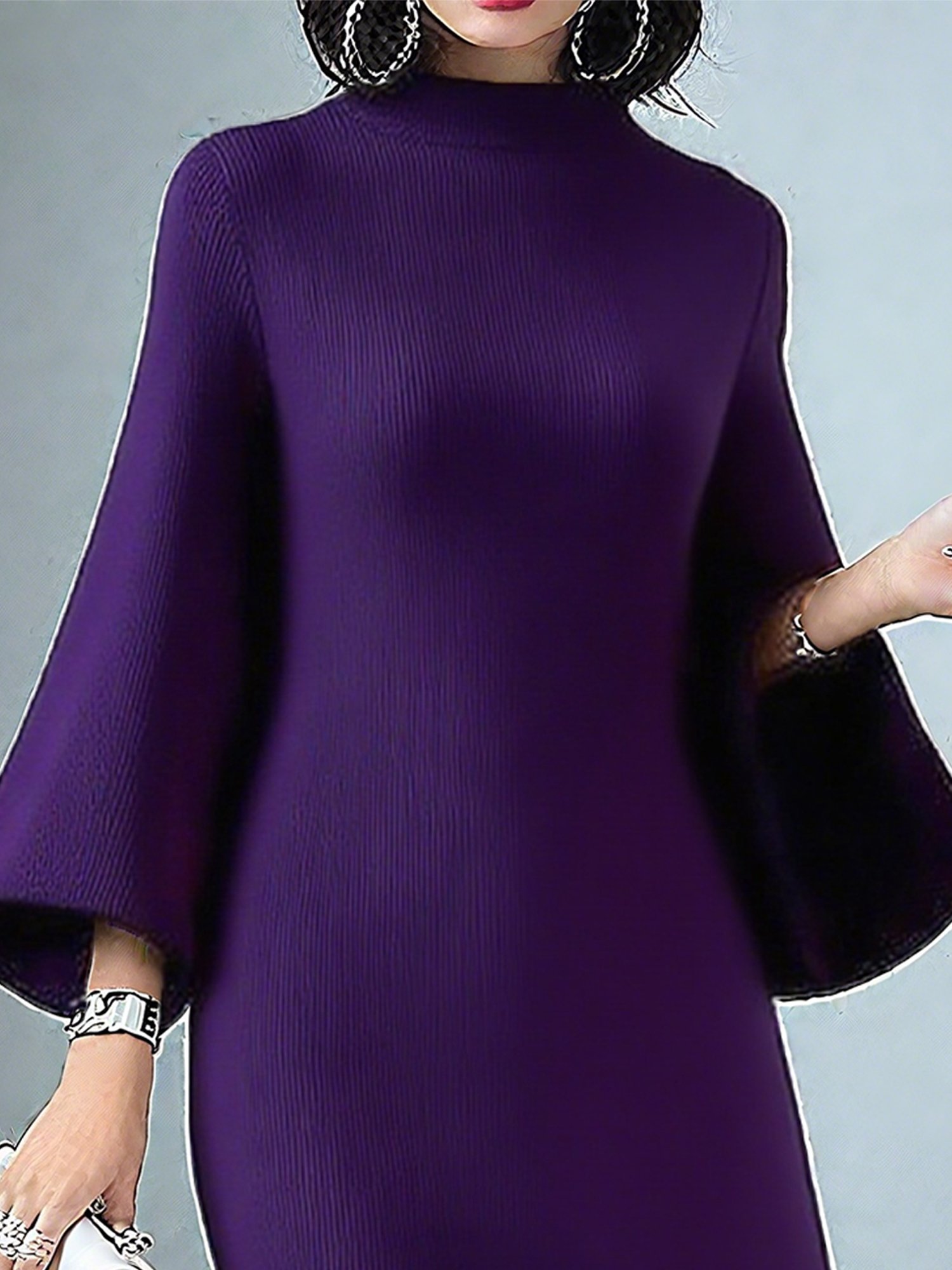 Casual Plain Mock Neck Knee Length Sweater Dress