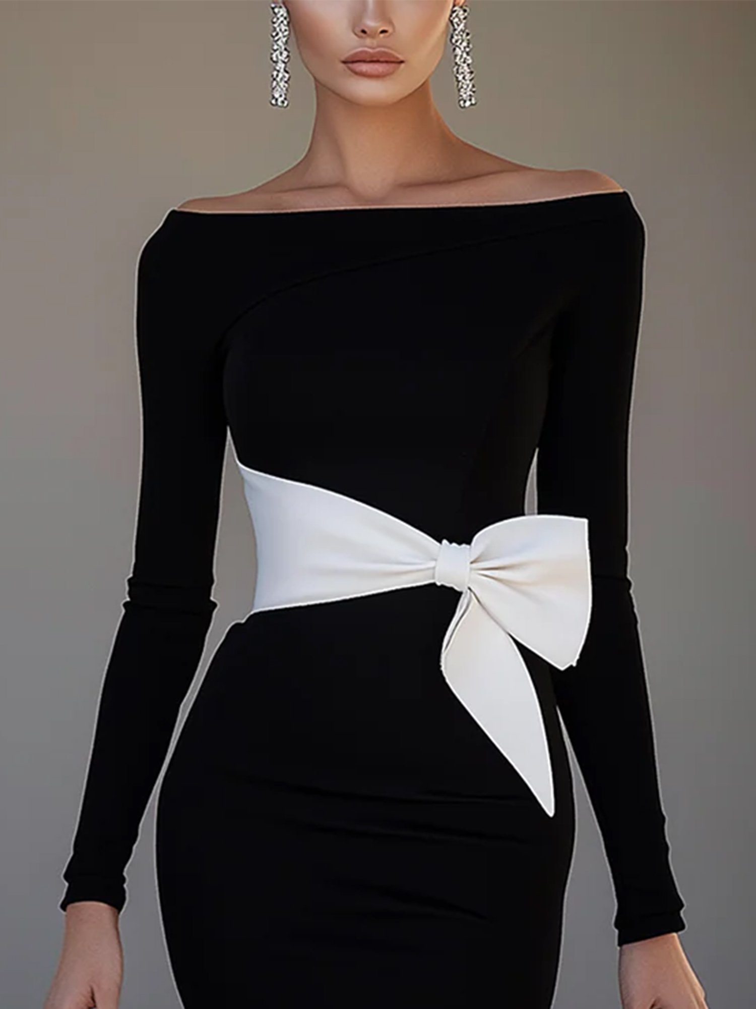 Elegant Plain Boat Neck Knee Length Dress With Belt