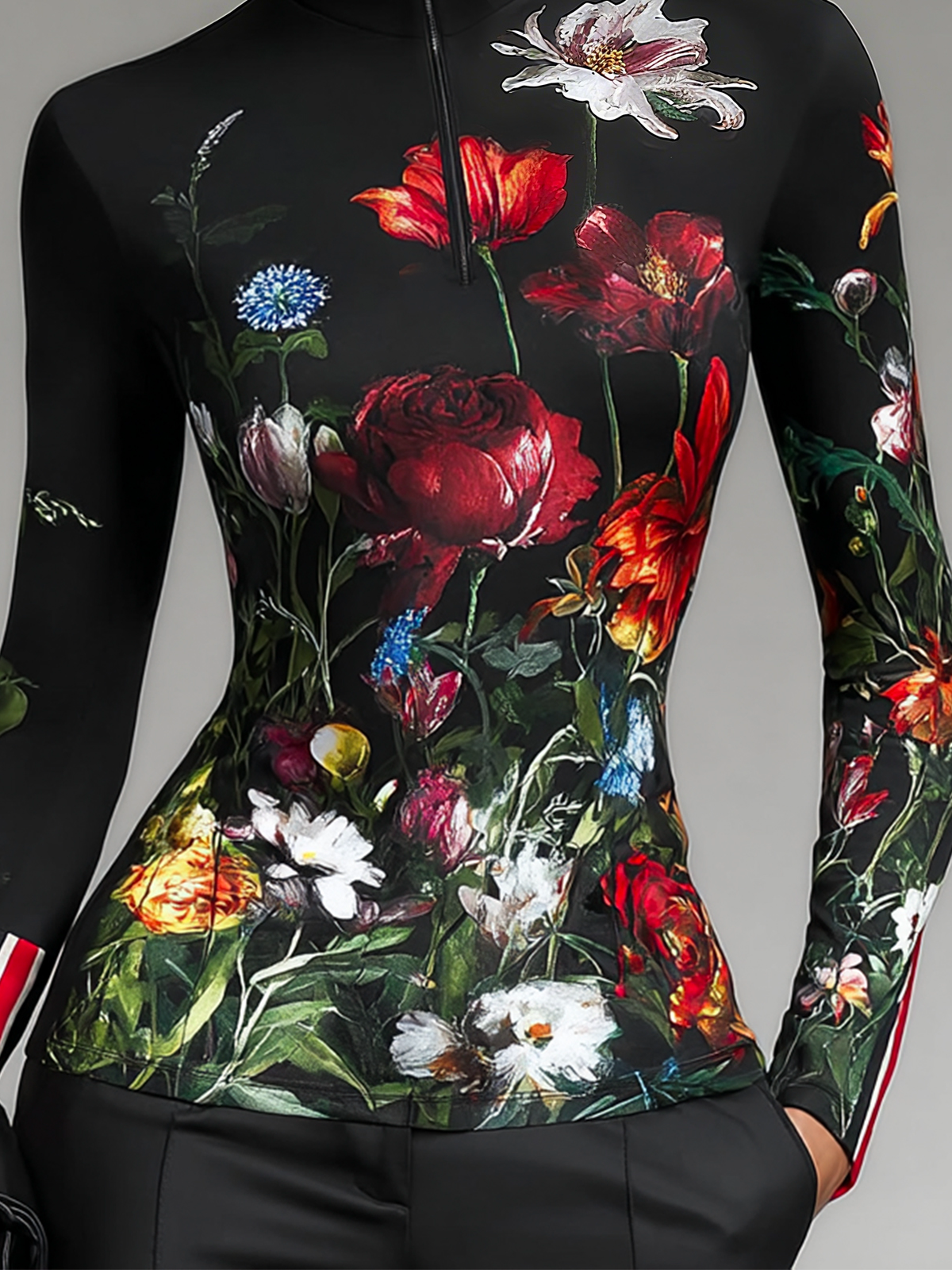 Jersey Urban Floral Zipper Turtleneck T-shirt