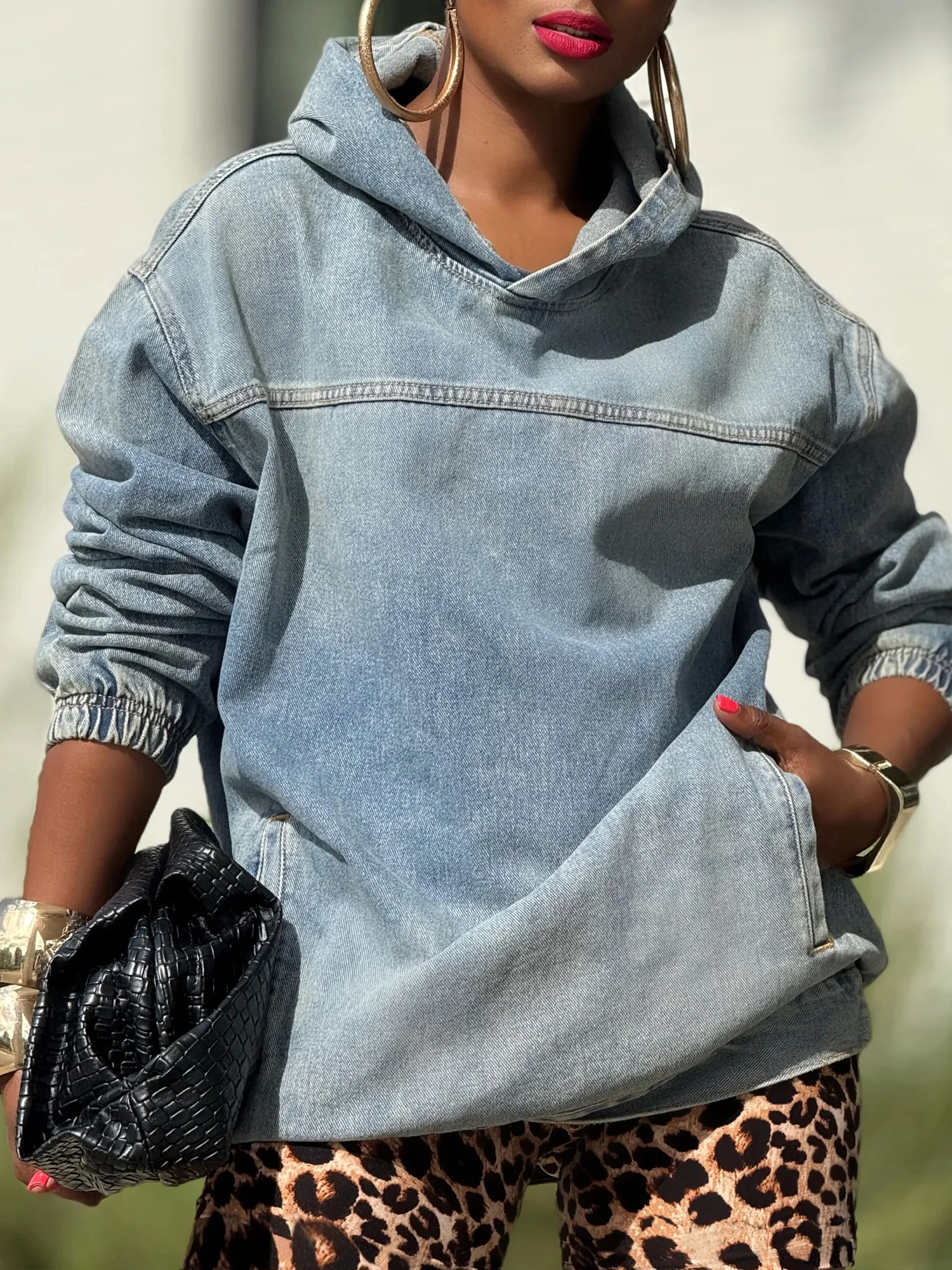 Casual Plain Distressing Hoodie Denim Top