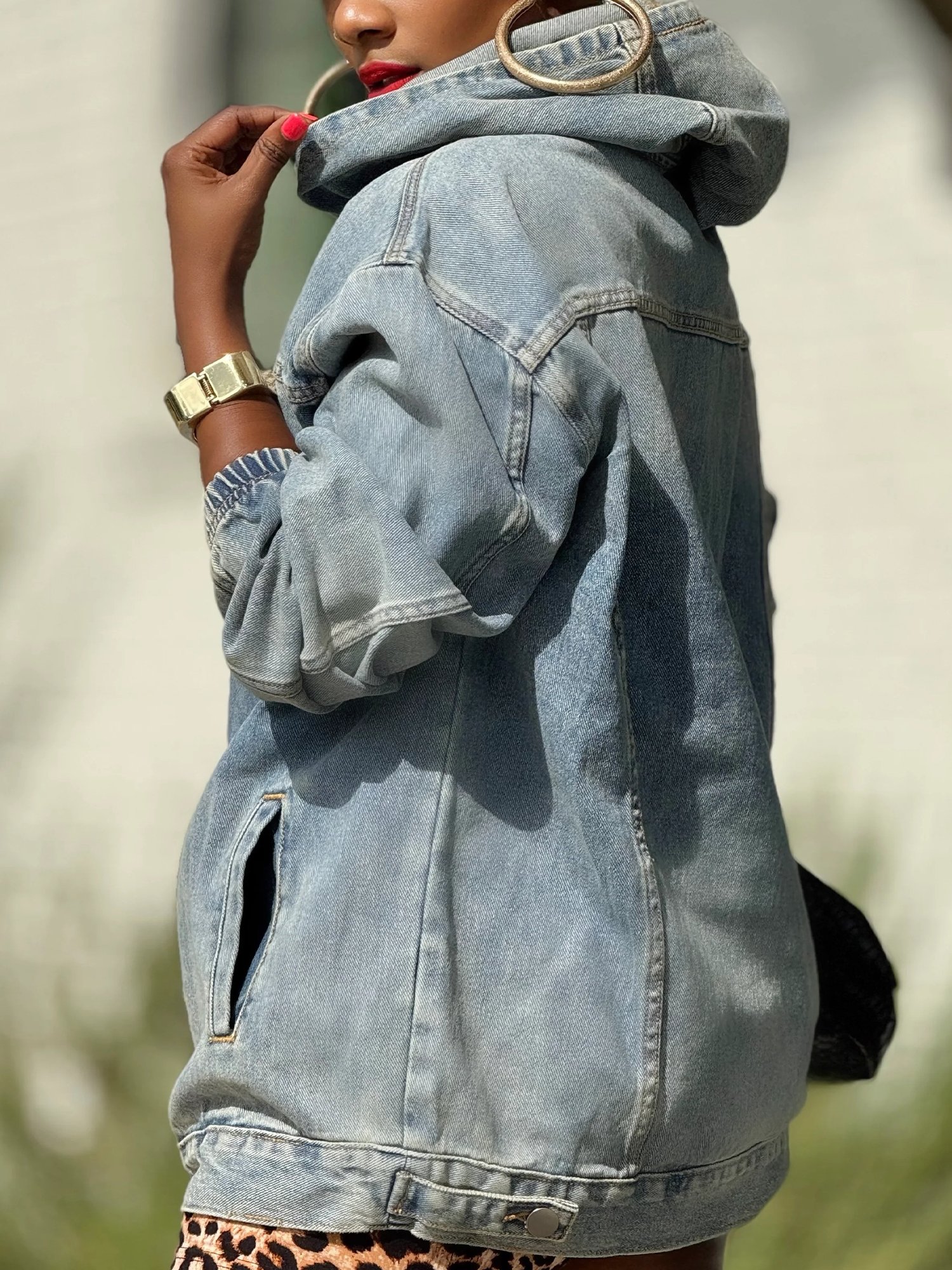 Casual Plain Distressing Hoodie Denim Top