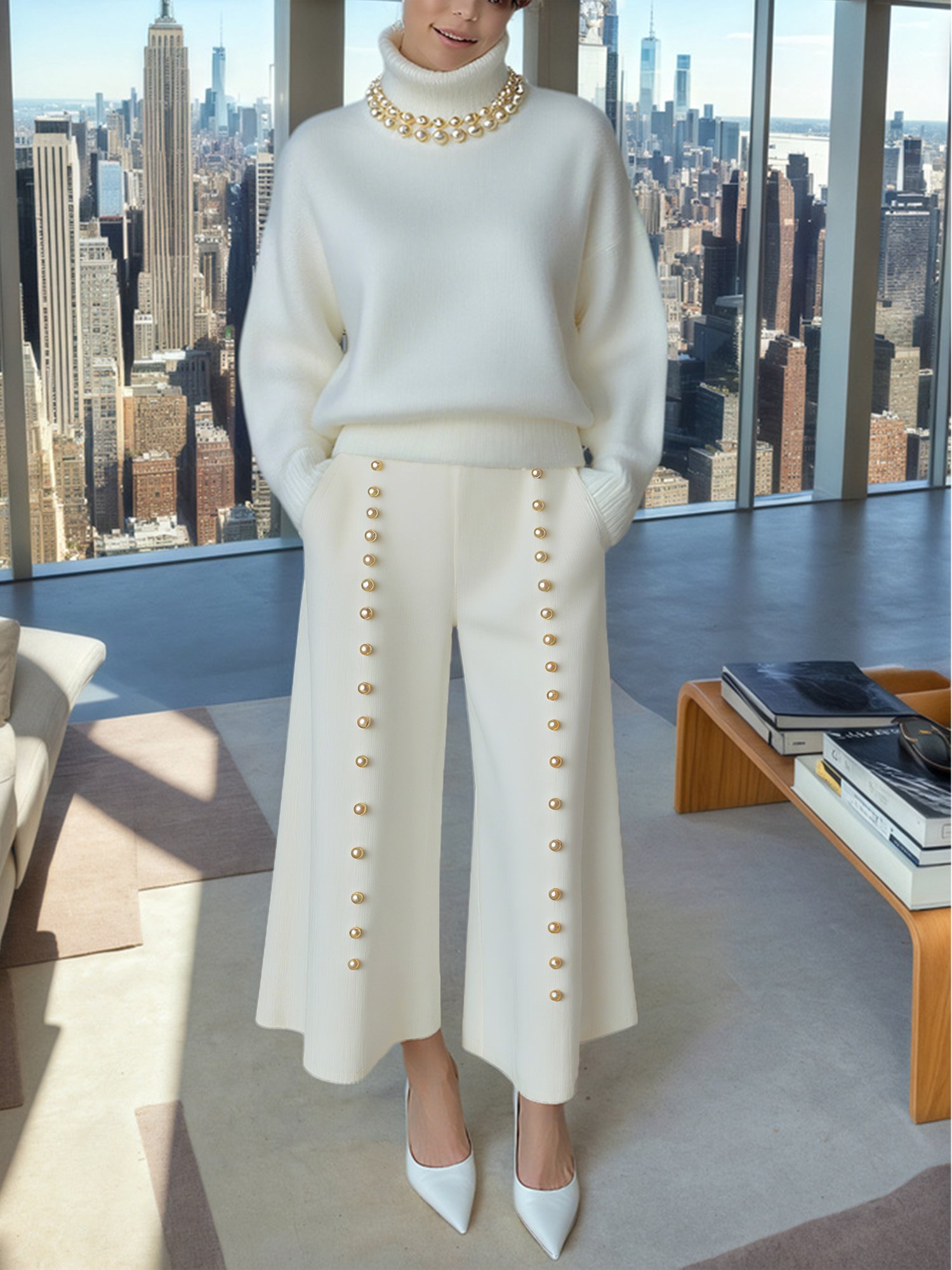 Casual Plain Turtleneck Loosen Sweater With White Pearl Choker