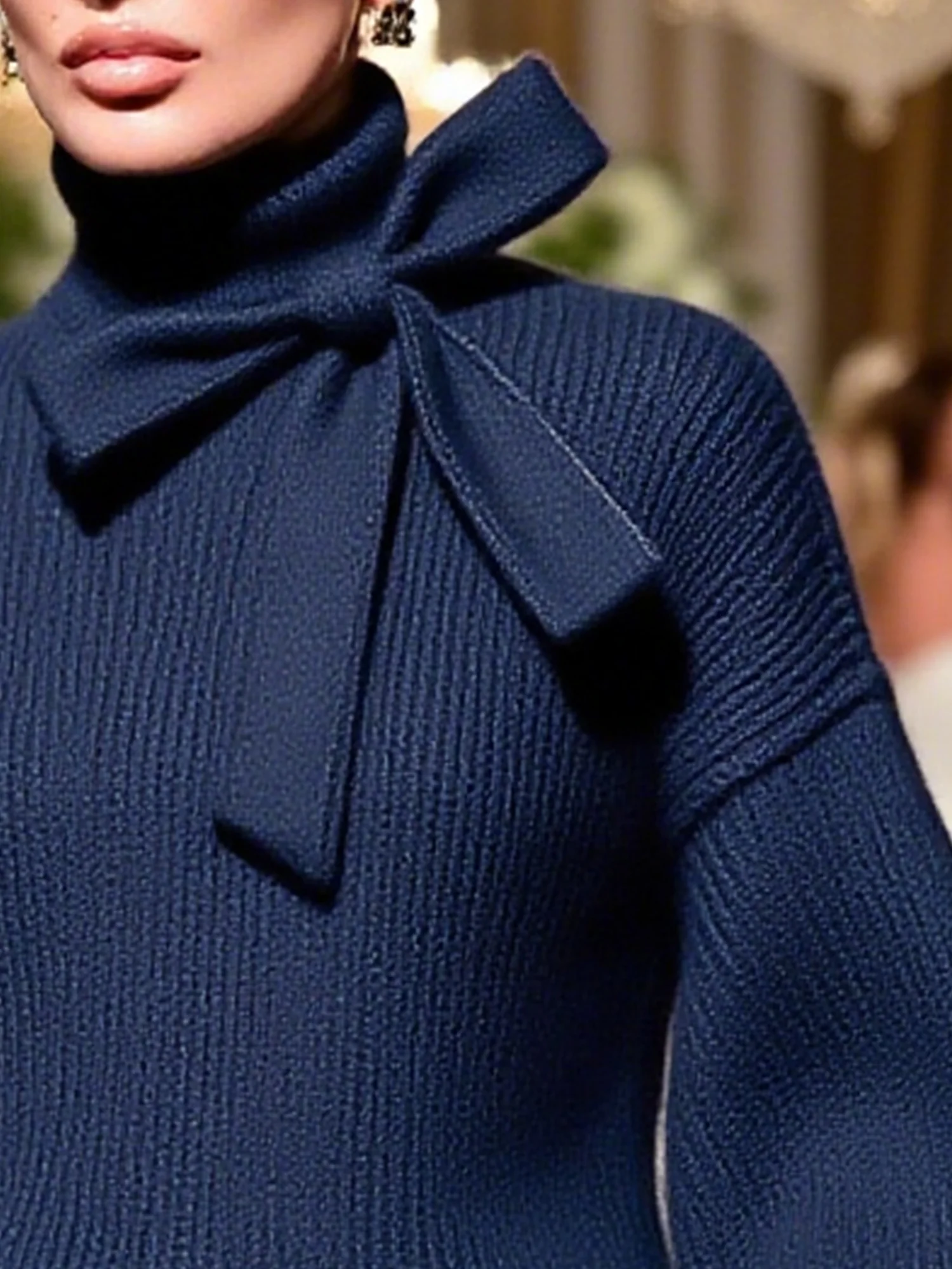 Casual Plain Bow Turtleneck Balloon Sleeve Sweater