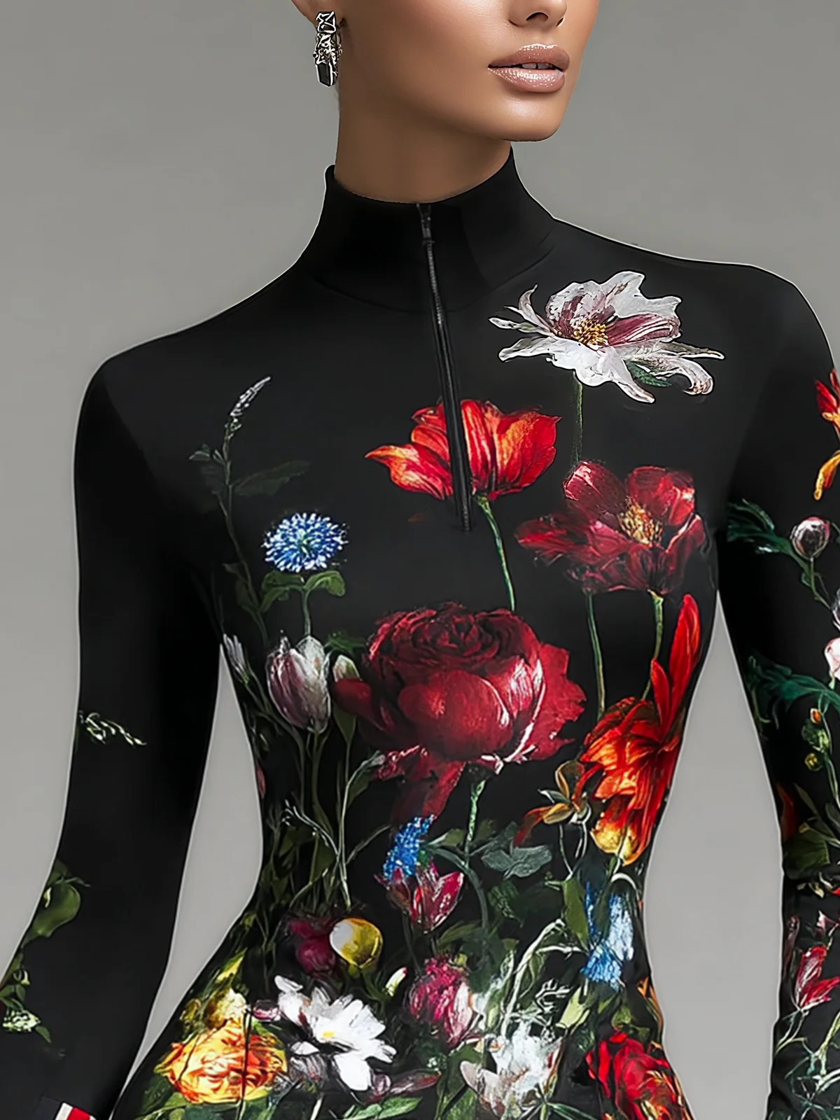 Jersey Urban Floral Zipper Turtleneck T-shirt
