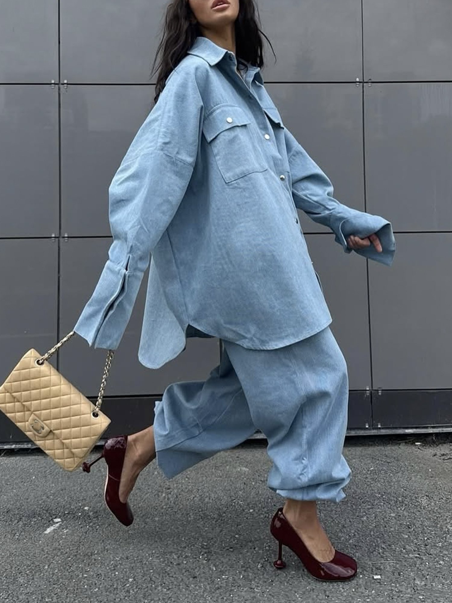 Casual Plain Buttoned Denim Shirt
