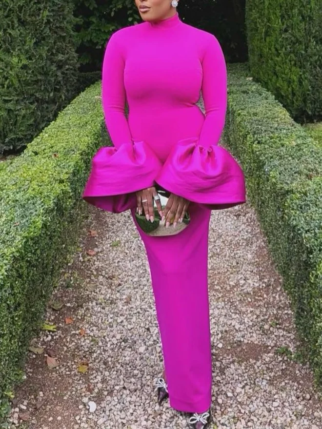 Elegant Plain Bell Sleeve Split Joint Mock Neck Maxi Dress