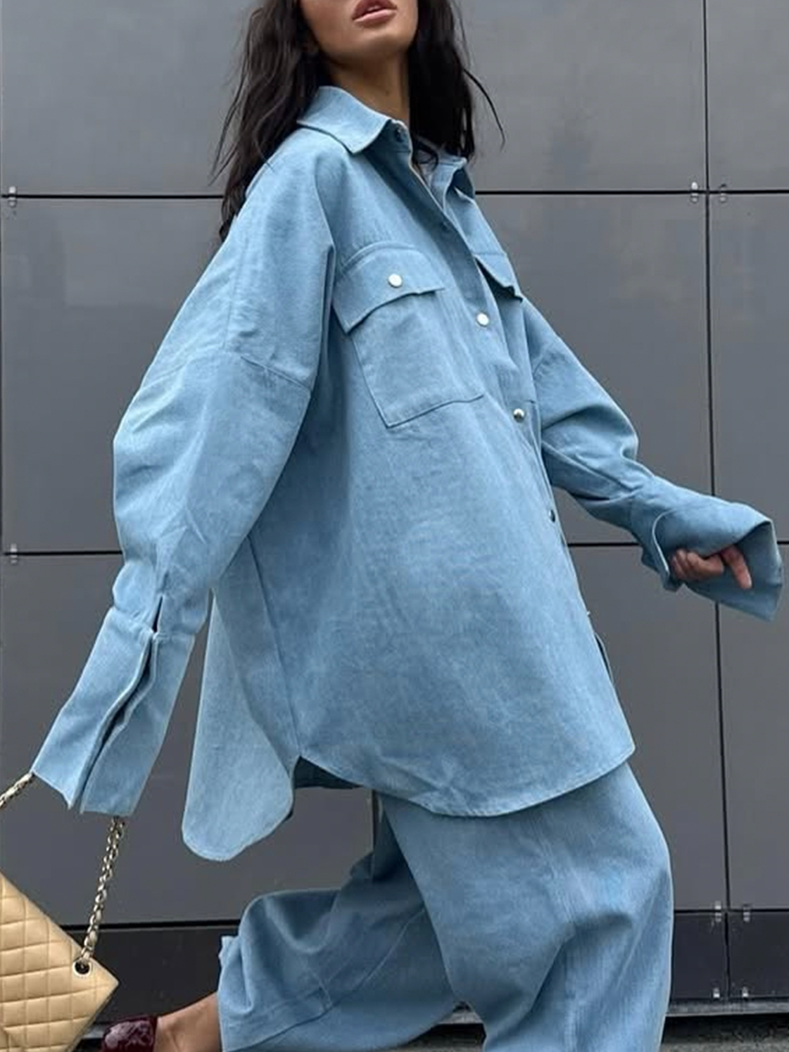 Casual Plain Buttoned Denim Shirt