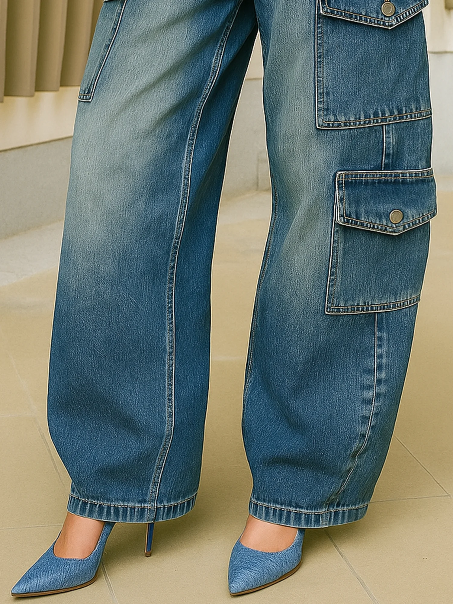 Denim Casual Plain Pockets Barrel Jeans