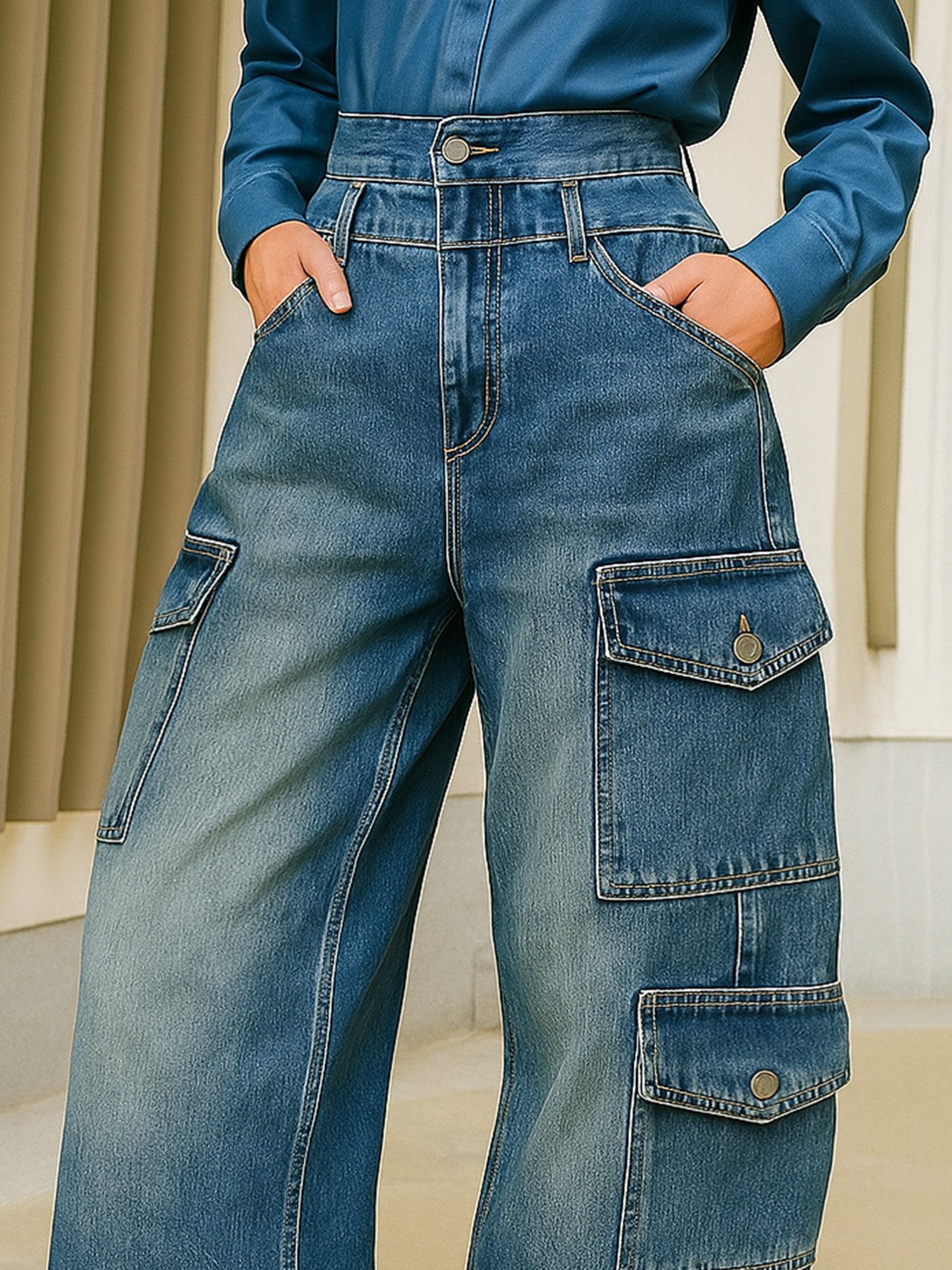 Denim Casual Plain Pockets Barrel Jeans