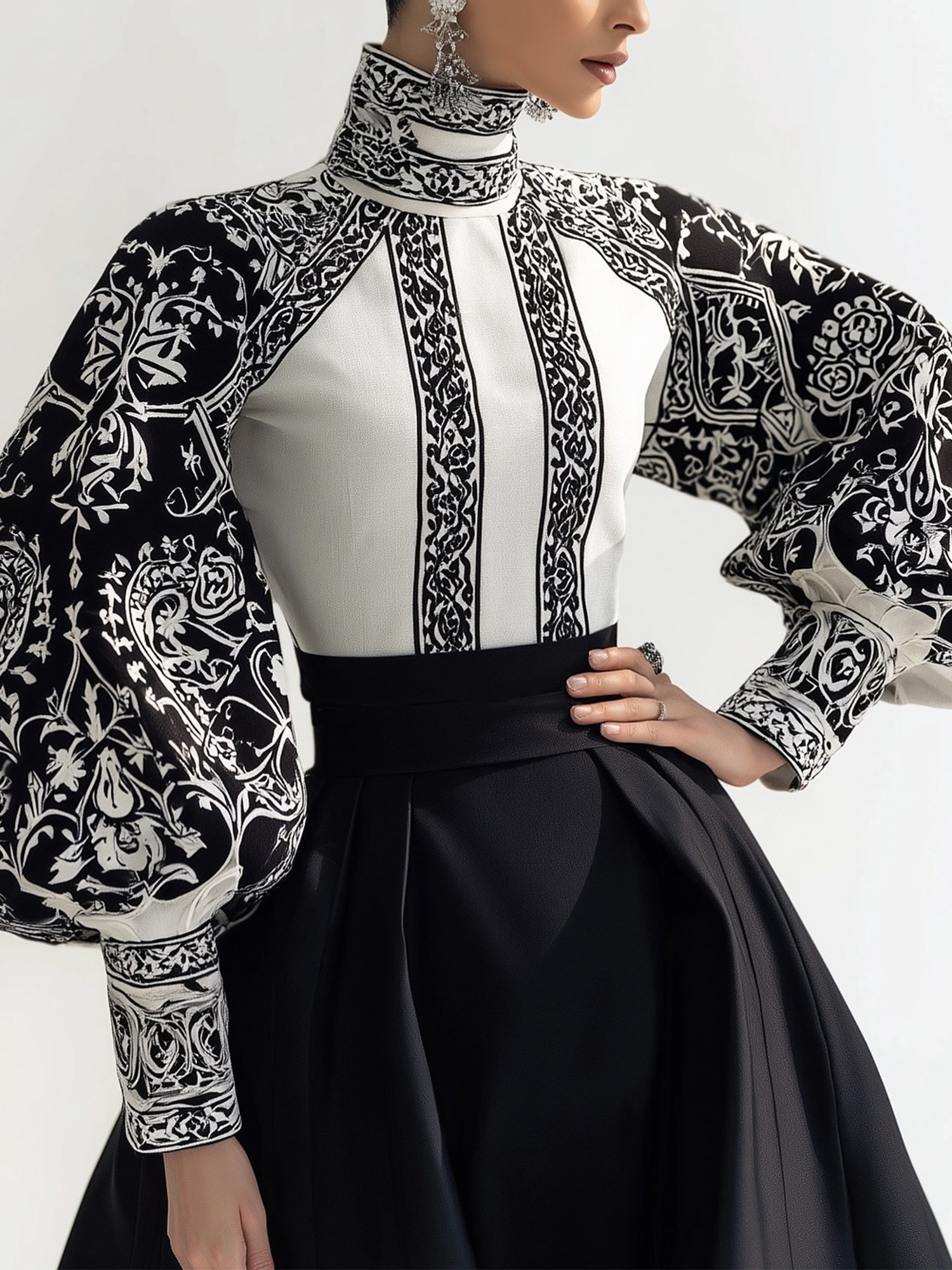 Urban Random Print Printing Turtleneck Balloon Sleeve Blouse