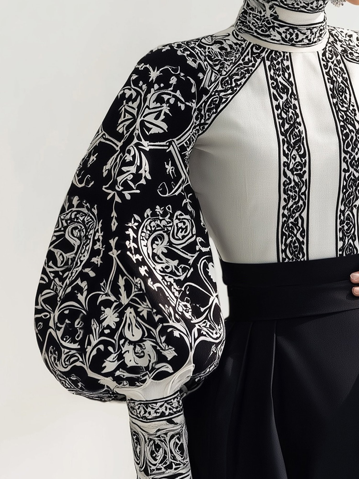 Urban Random Print Printing Turtleneck Balloon Sleeve Blouse