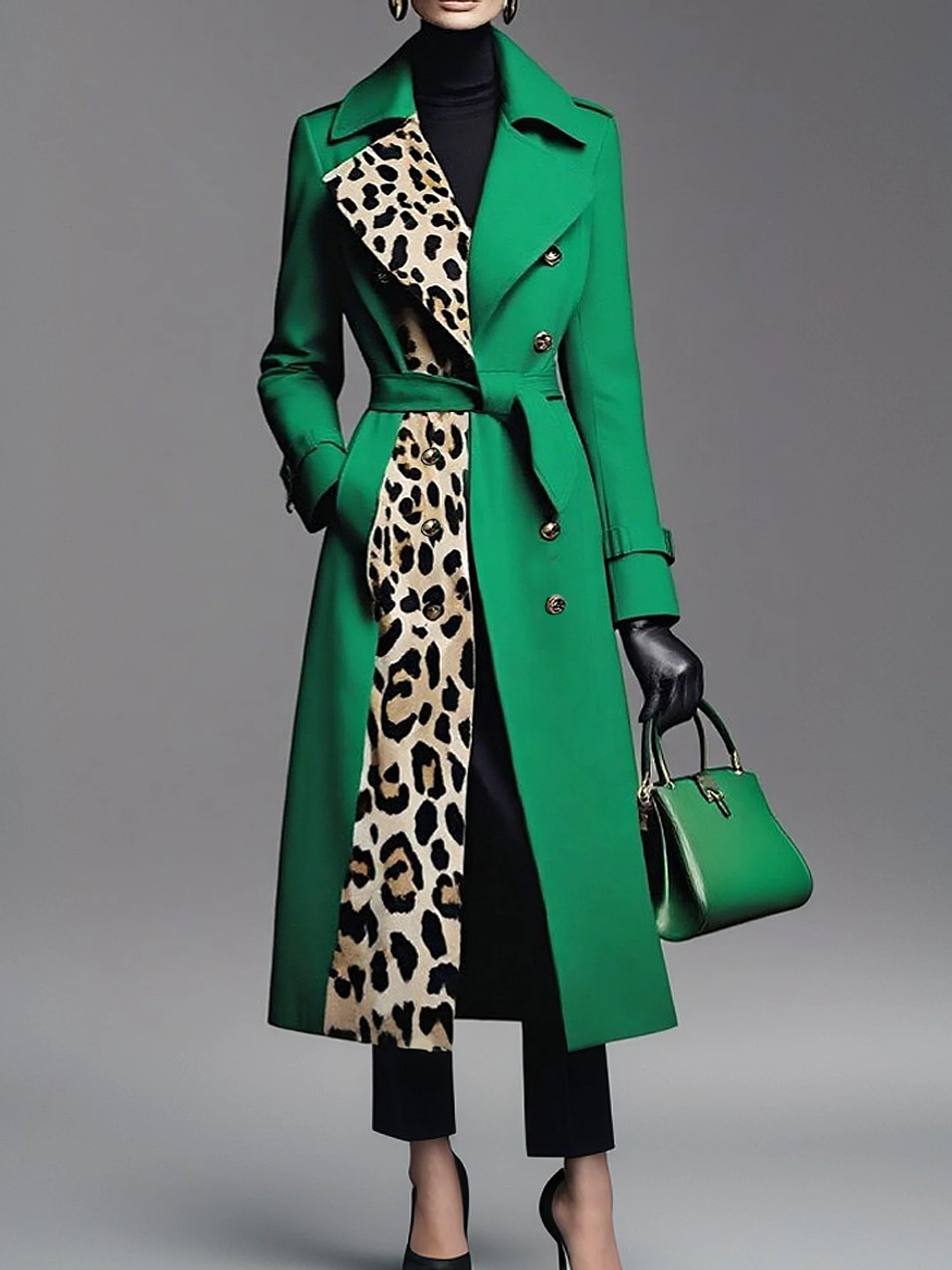 Urban Split Joint Leopard Lapel Collar Coat With Belt