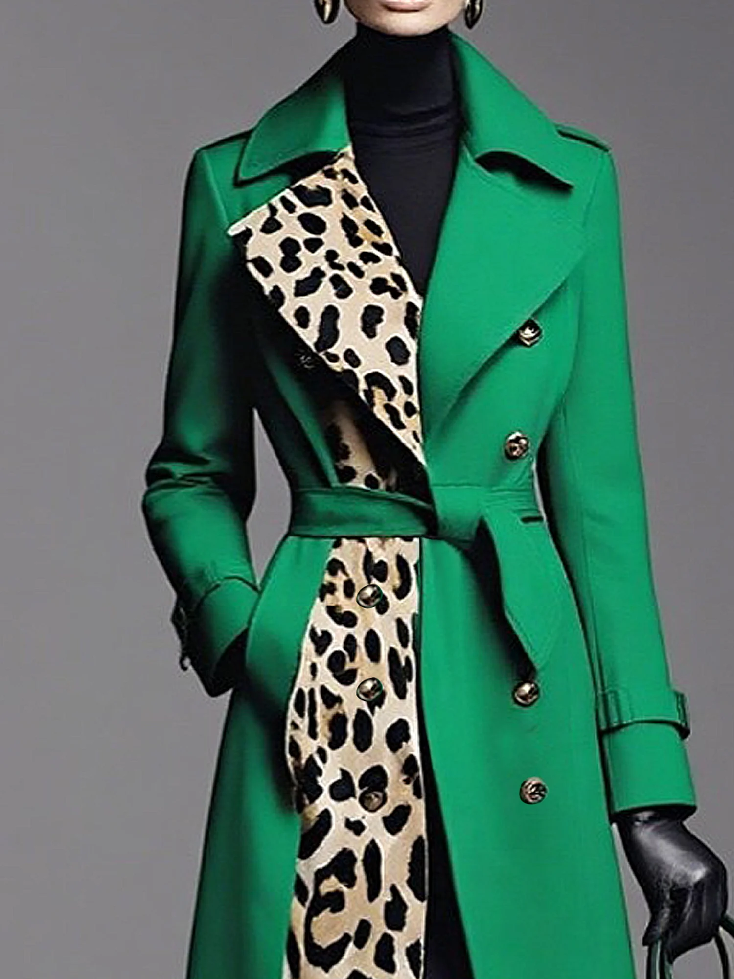 Urban Split Joint Leopard Lapel Collar Coat With Belt