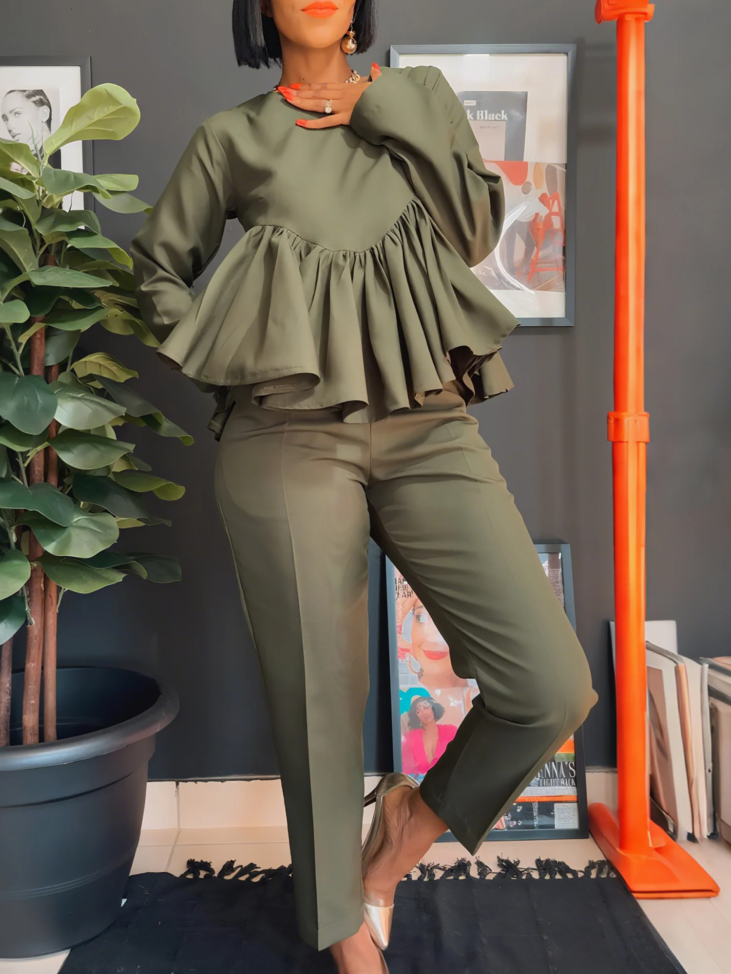 Casual Plain Ruched Crew Neck Blouse