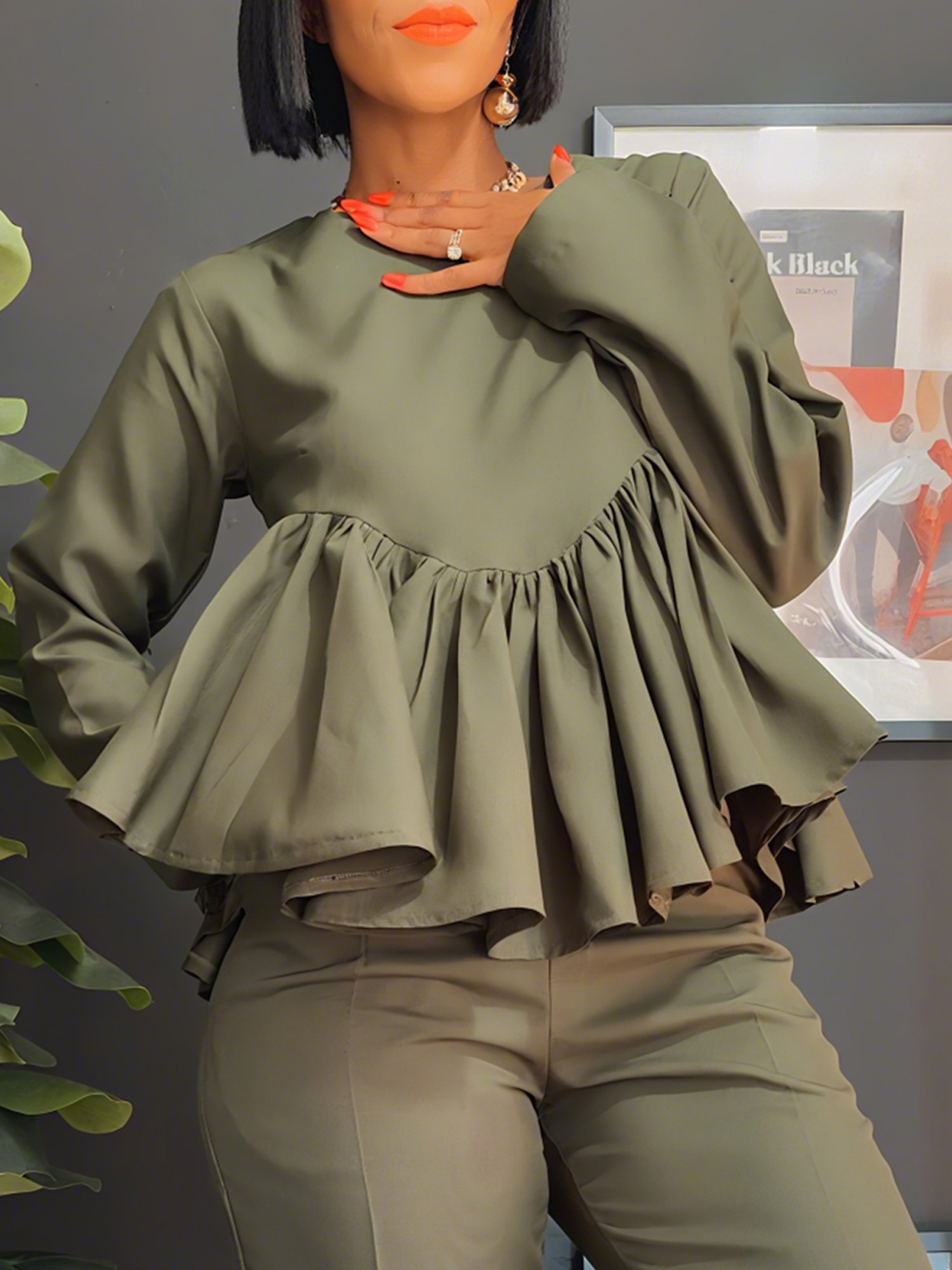 Casual Plain Ruched Crew Neck Blouse
