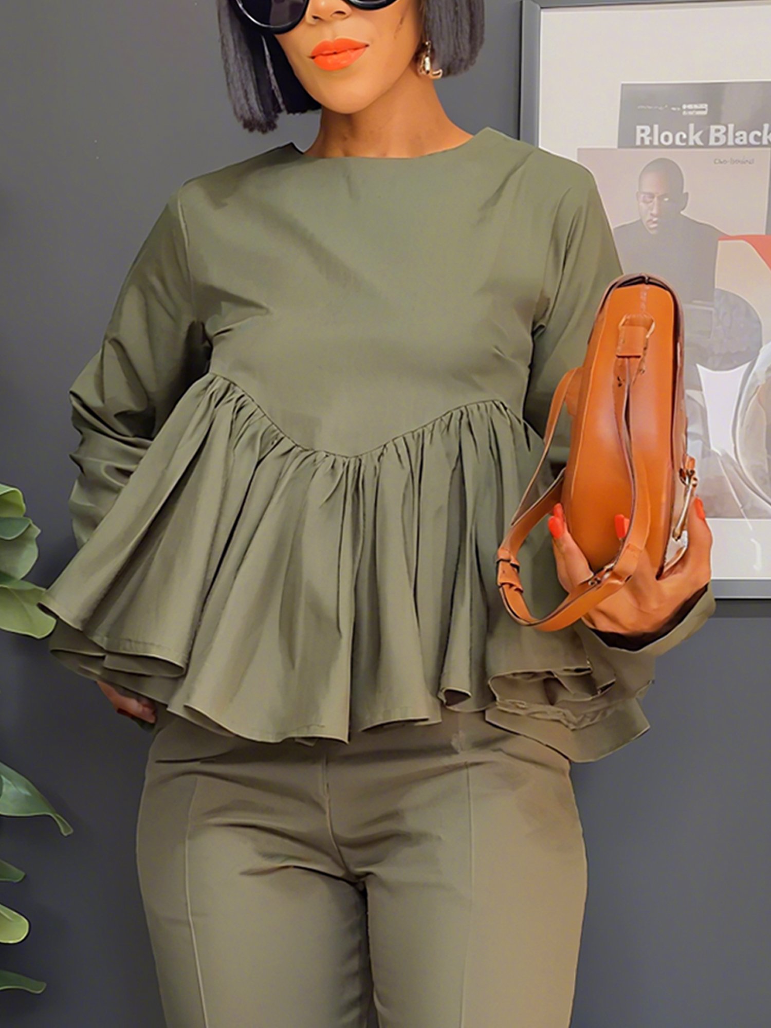 Casual Plain Ruched Crew Neck Blouse