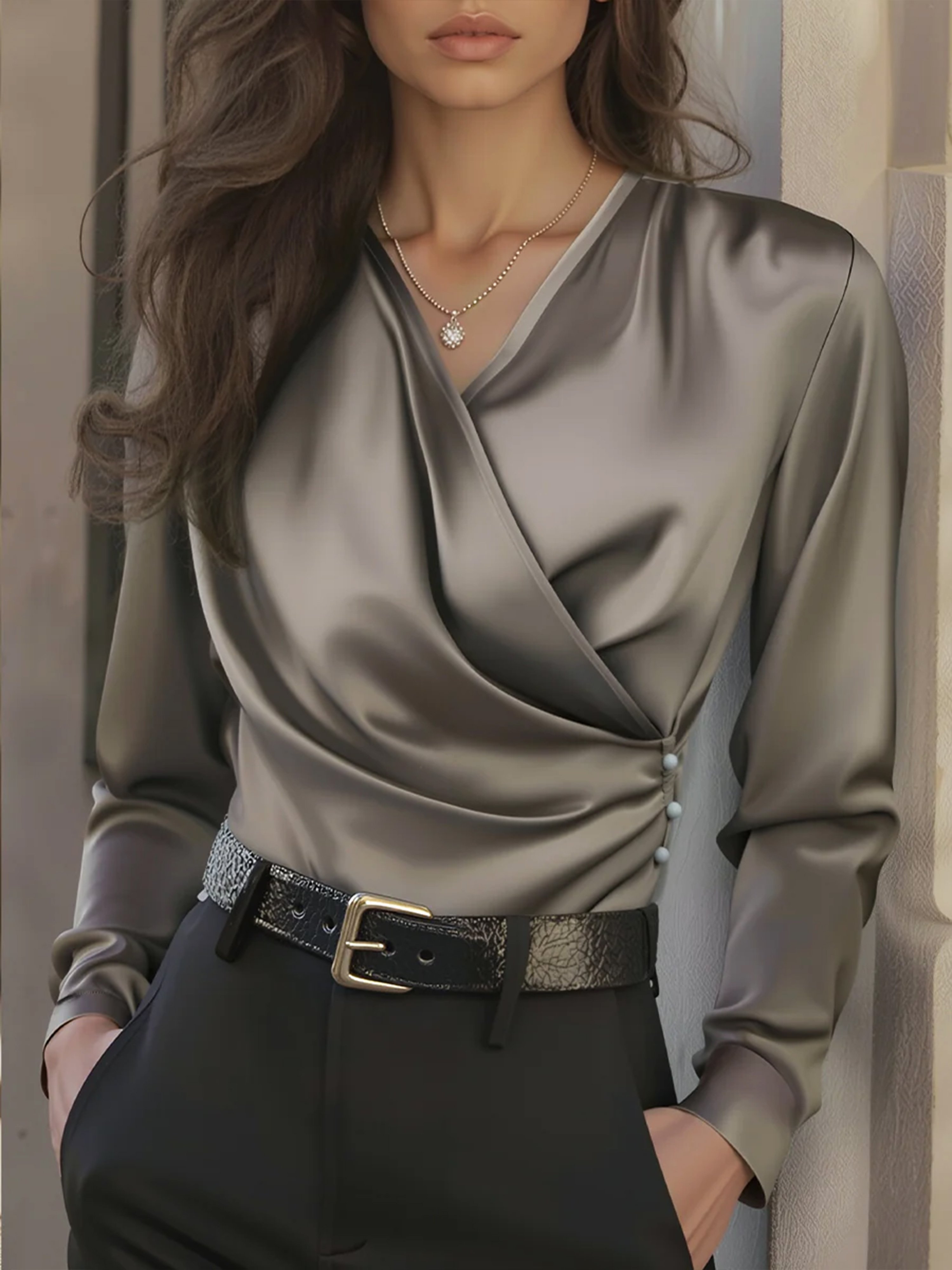 Satin Urban Plain Buttoned Blouse
