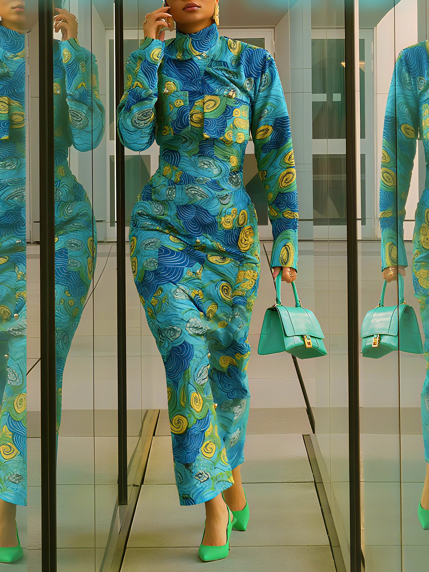 Elegant Random Print Printing Mock Neck Maxi Dress