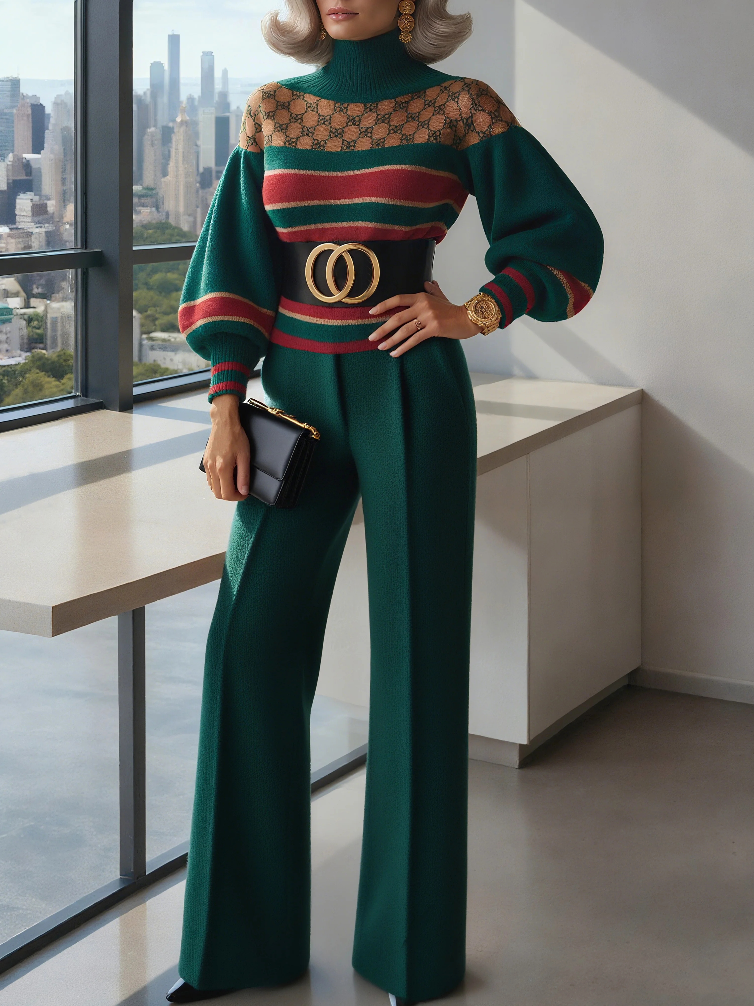 Urban Striped Turtleneck Puff Sleeve Sweater No Belt