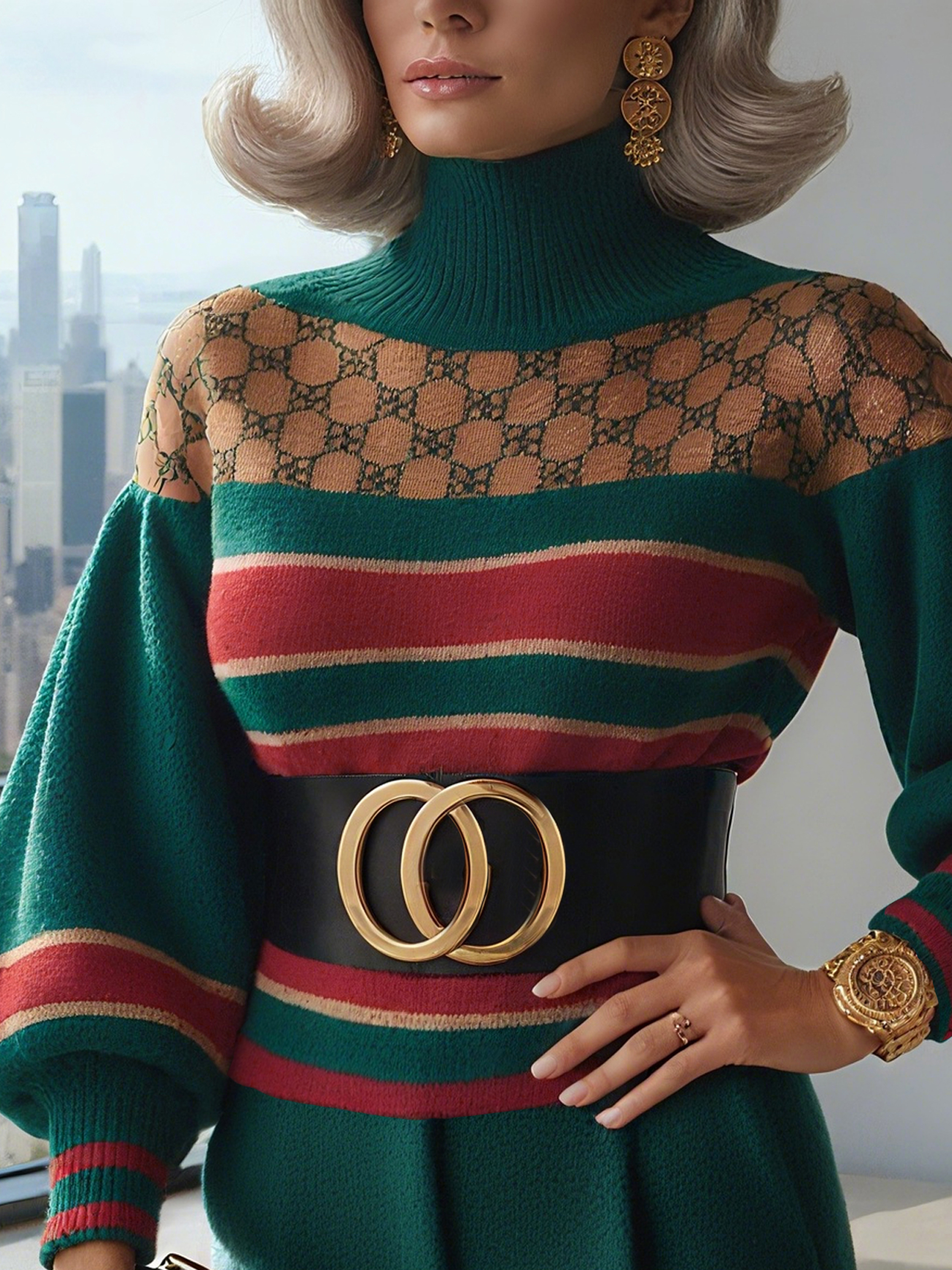 Urban Striped Turtleneck Puff Sleeve Sweater No Belt