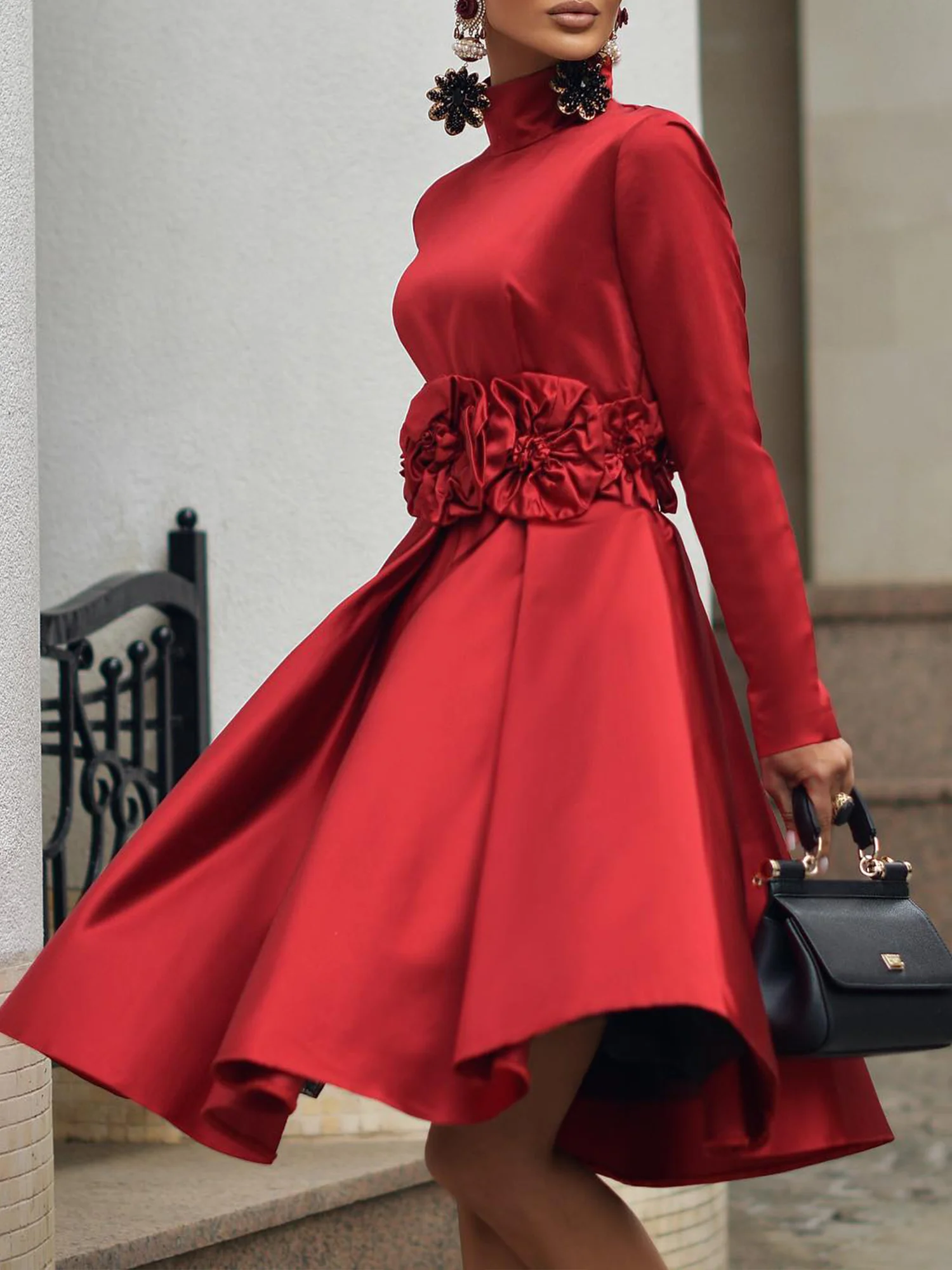 Elegant Plain 3D Floral Stand Collar Knee Length Dress With Belt