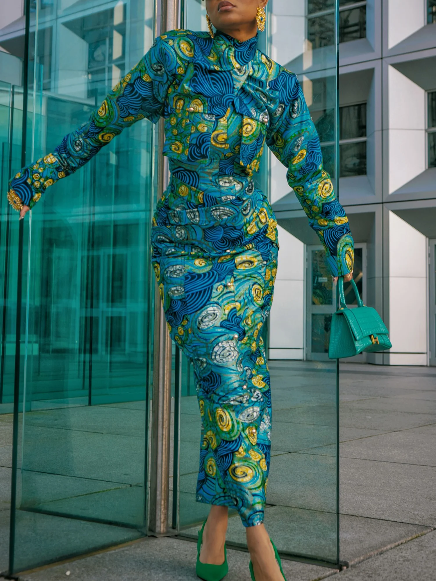 Elegant Random Print Printing Mock Neck Maxi Dress