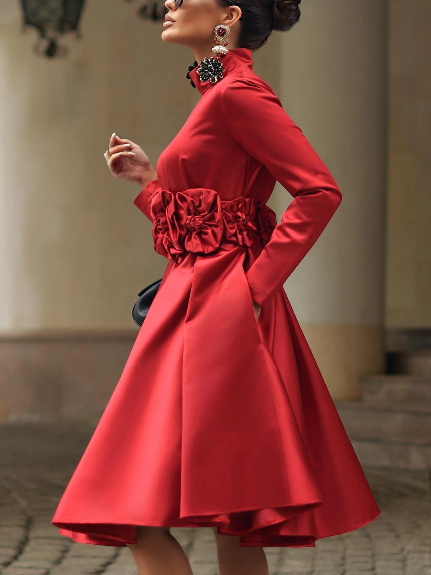 Elegant Plain 3D Floral Stand Collar Knee Length Dress With Belt