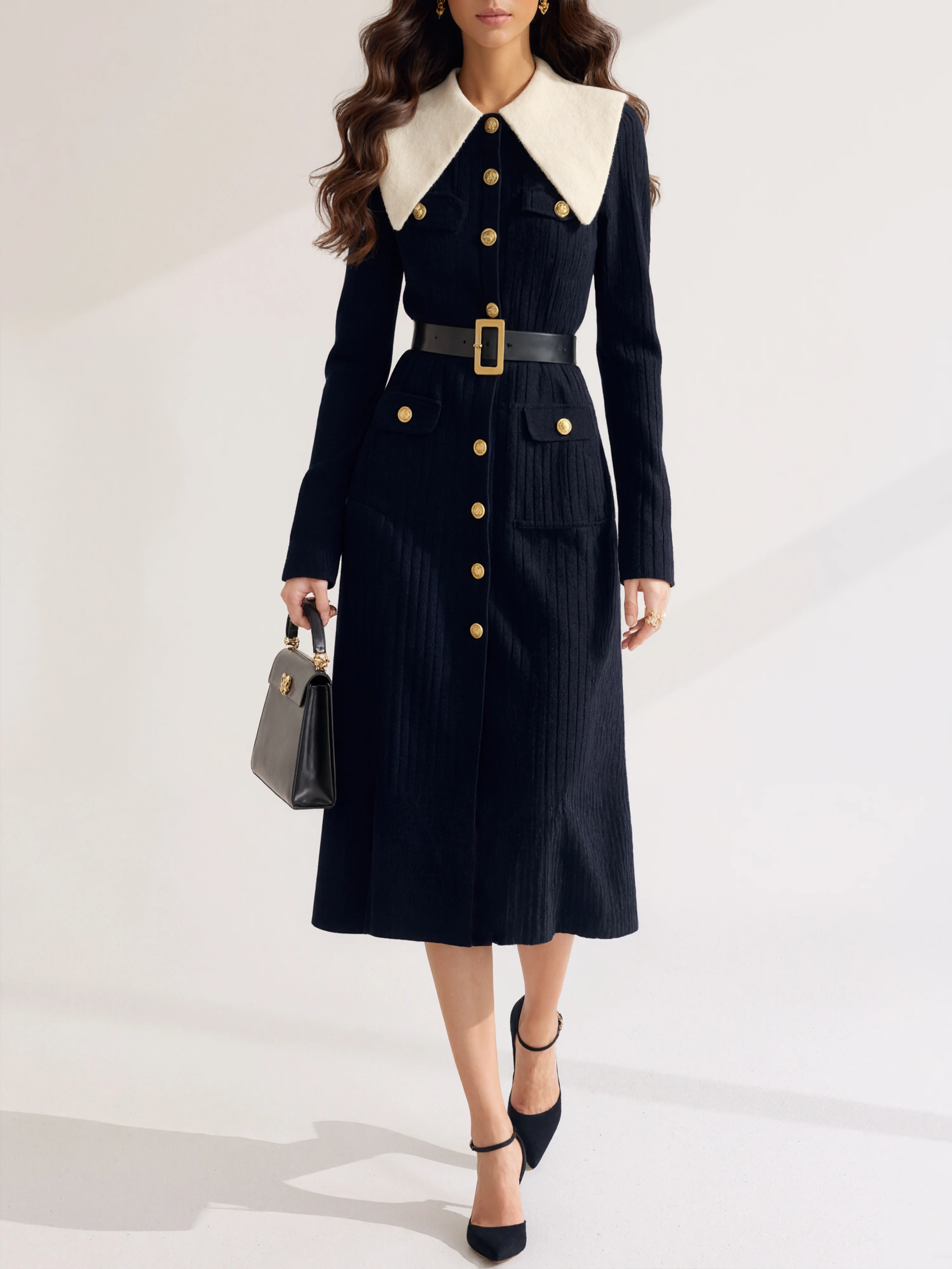 Elegant Color Block Shawl Collar Sweater Midi Dress With Belt