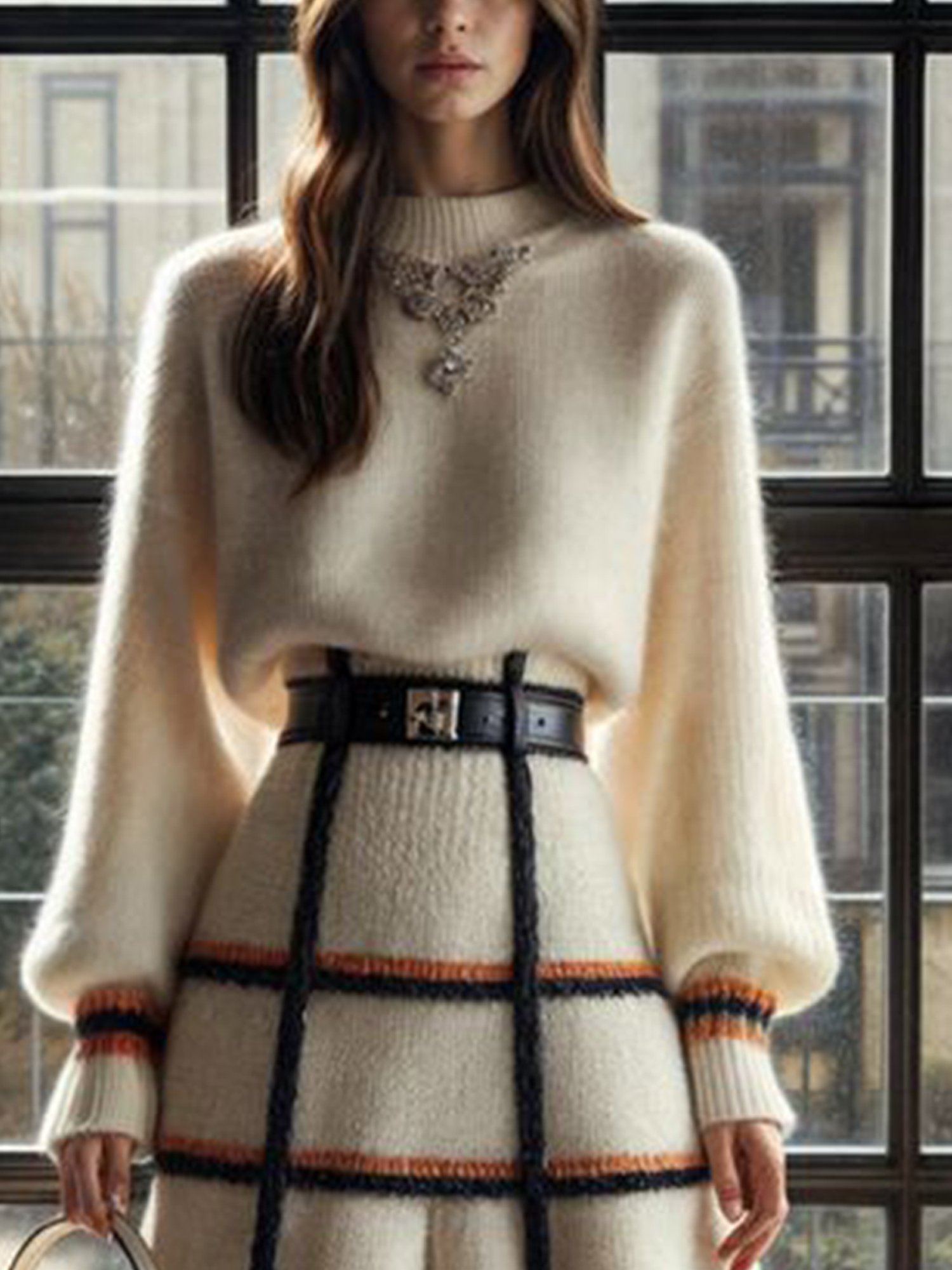 Casual Color Block Mock Neck Balloon Sleeve Sweater