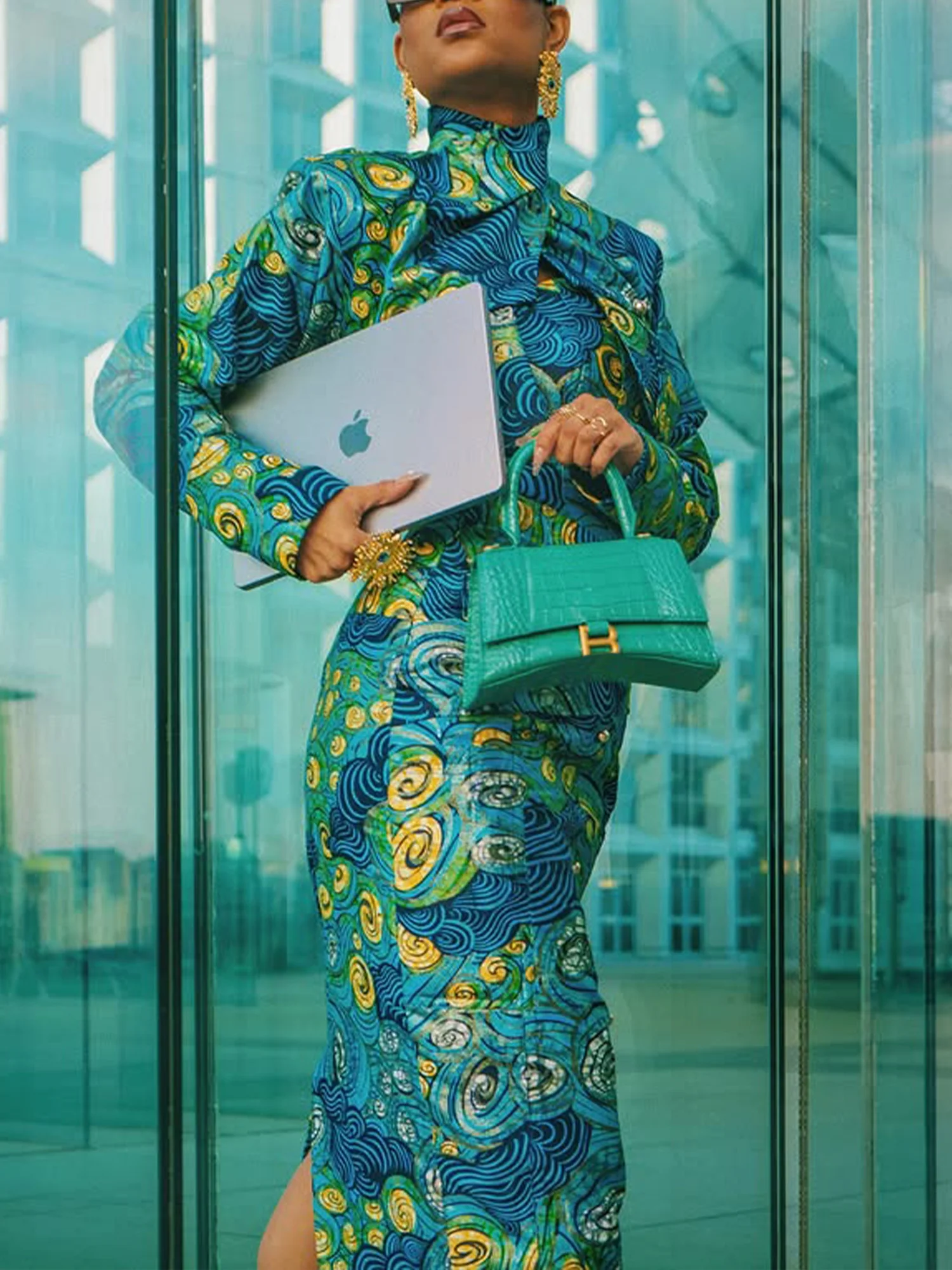 Elegant Random Print Printing Mock Neck Maxi Dress