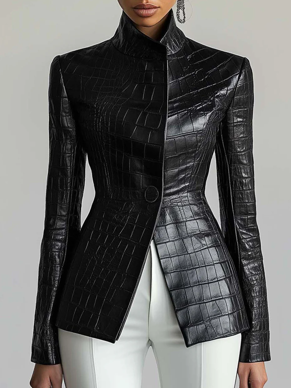Urban Buttoned Textured Croc-Effect Faux Leather Coat