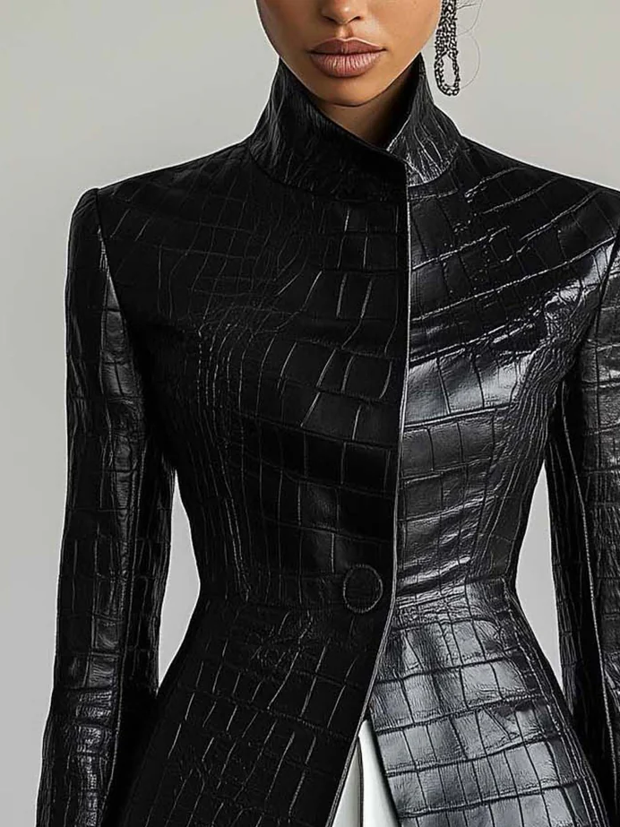 Urban Buttoned Textured Croc-Effect Faux Leather Coat