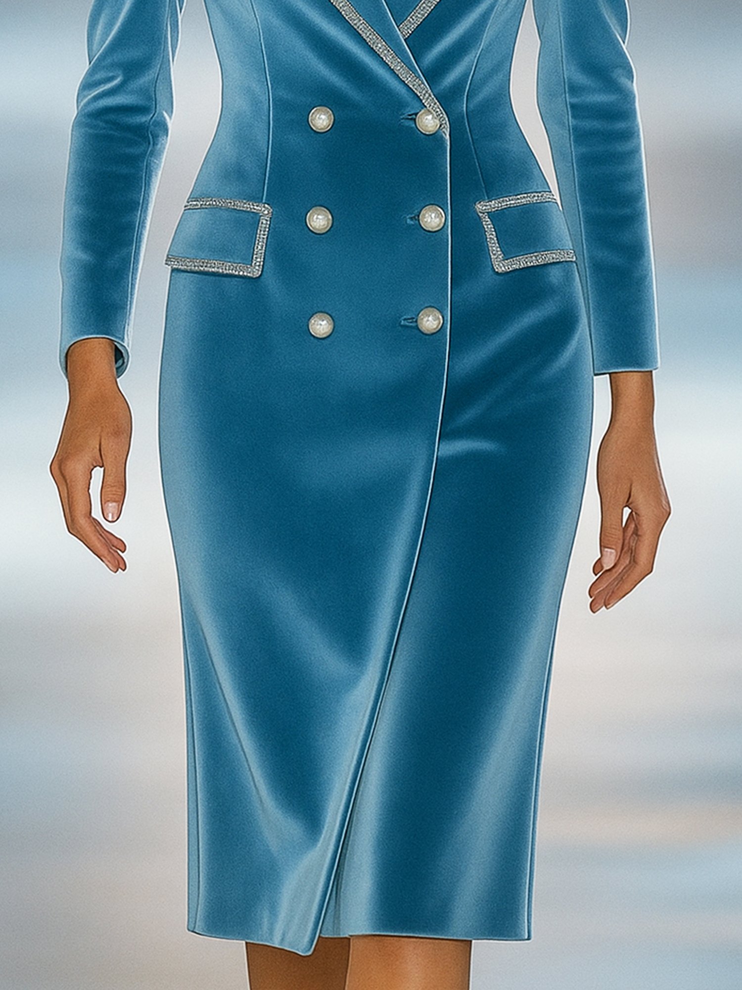 Elegant Plain Velvet Binding Lapel Collar Blazer Dress