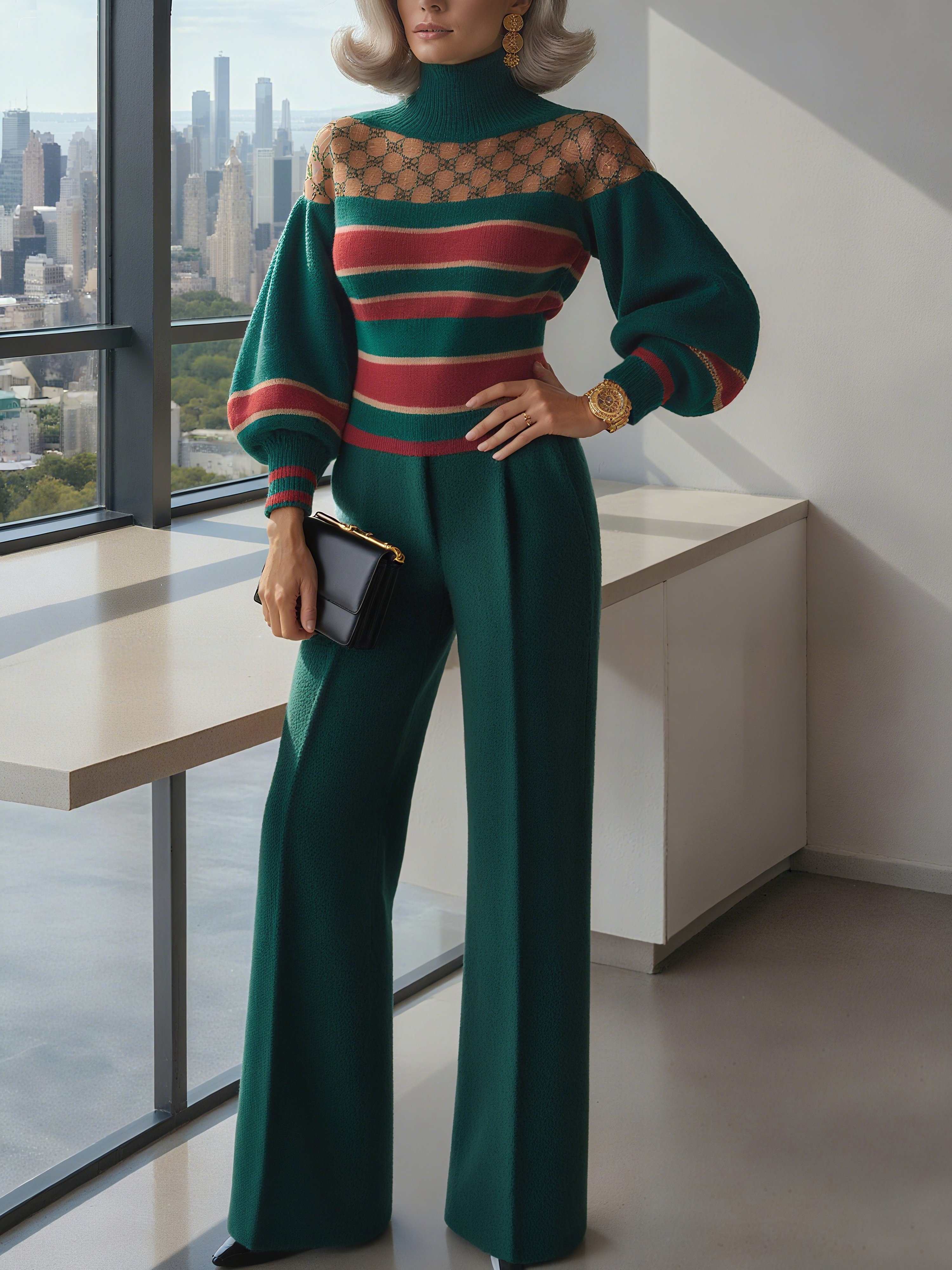 Urban Striped Turtleneck Puff Sleeve Sweater No Belt