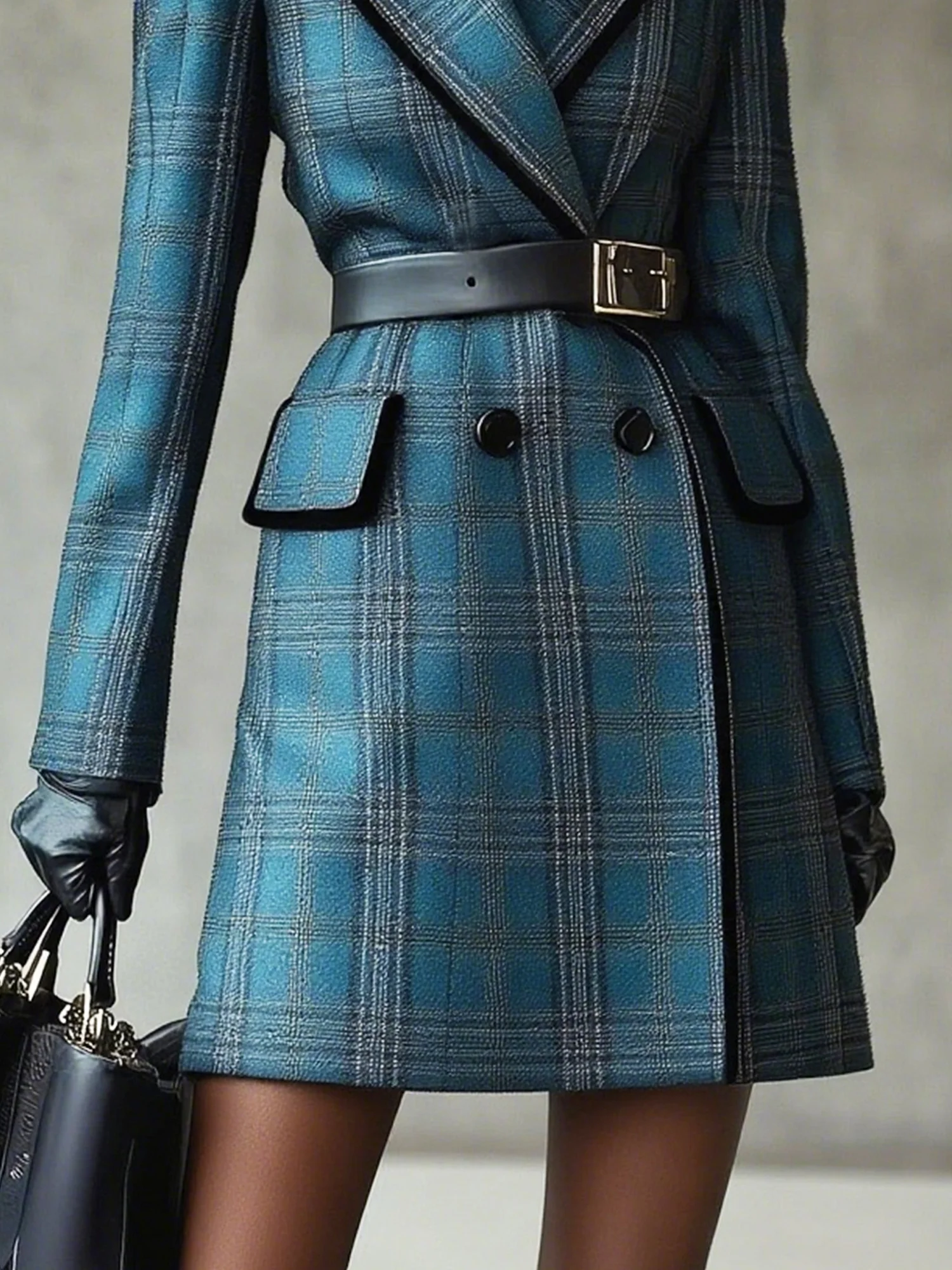 Urban  Printing Plaid Lapel Collar Trench Coat No Belt