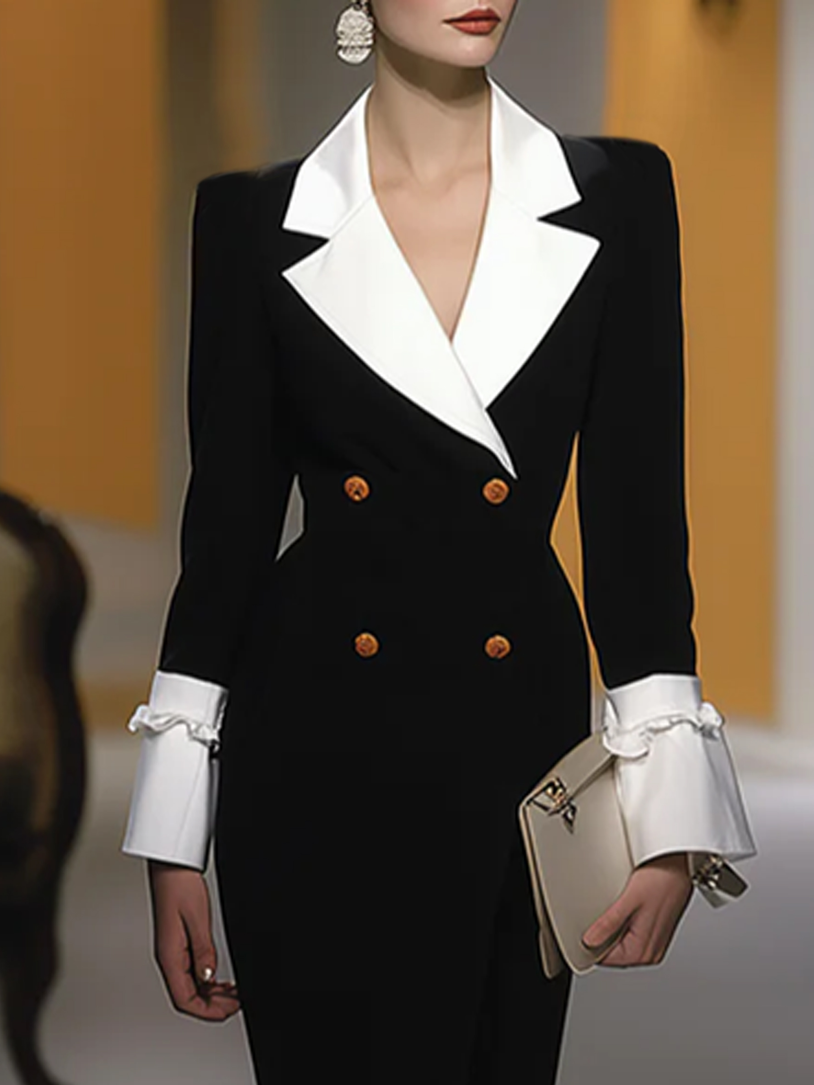 Elegant Color Block Shawl Collar Maxi Dress