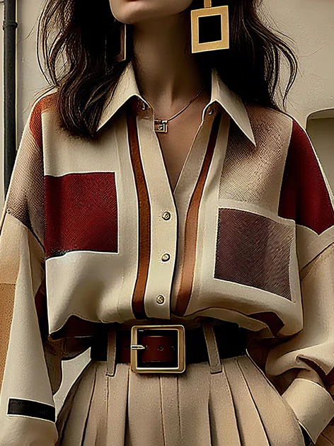 Plus Size Urban Plaid Buckle Balloon Sleeve Shirt