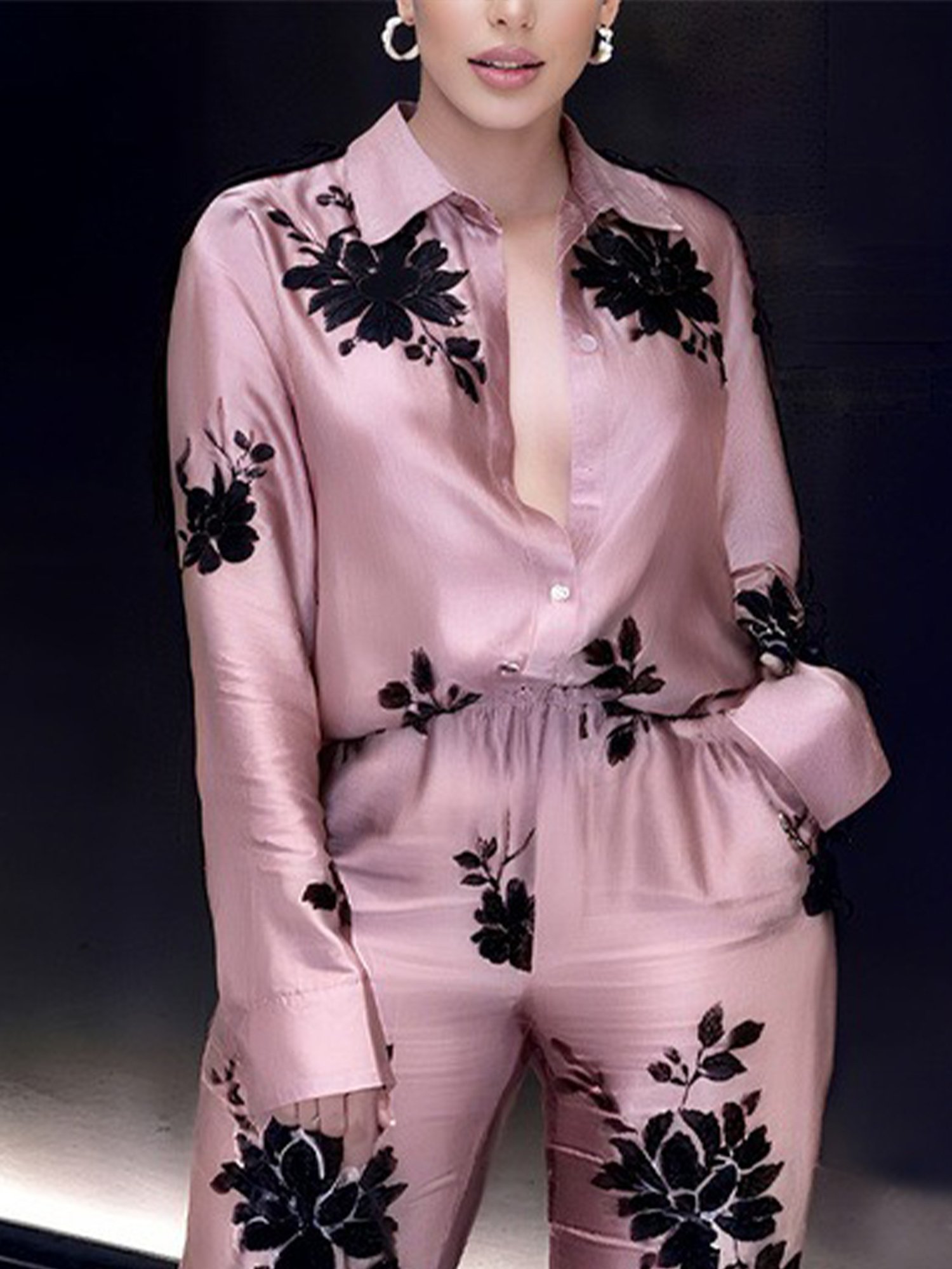 Plus Size Urban Floral Printing Shirt Collar Regular Sleeve Shirt