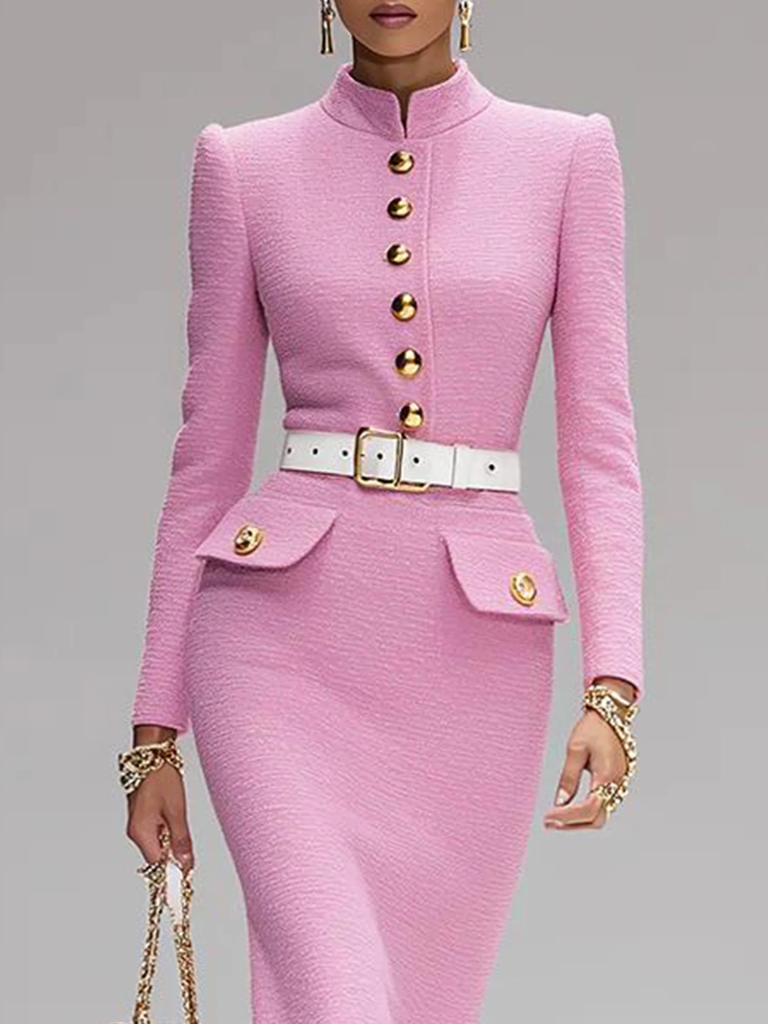 Elegant Plain Tweed Buttoned Stand Collar Midi Dress No Belt