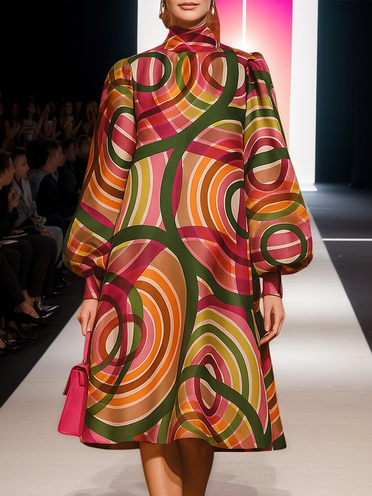 Plus Size Elegant Geometric Printing Midi Dress