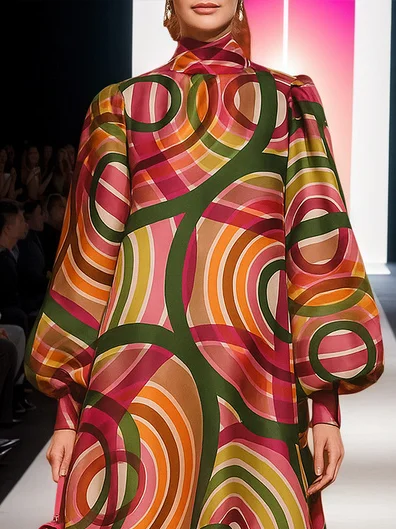 Plus Size Elegant Geometric Printing Midi Dress