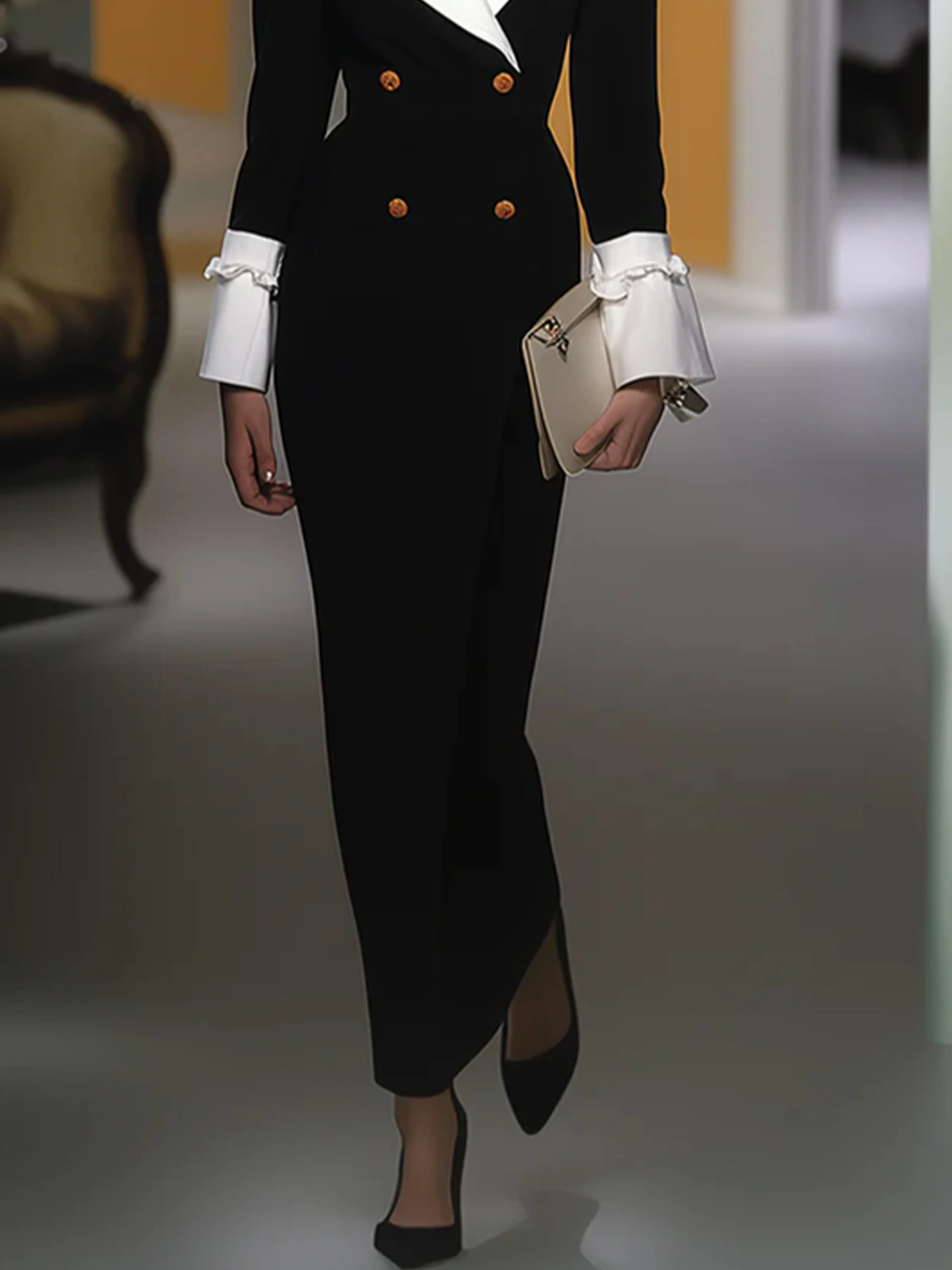 Elegant Color Block Shawl Collar Maxi Dress