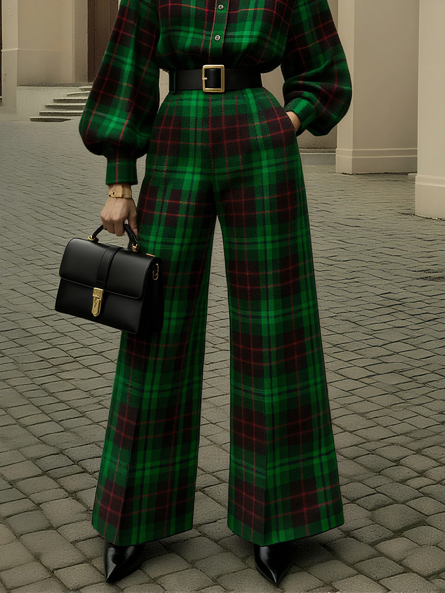 Urban Plaid Printing Wide Leg Pants With Belt