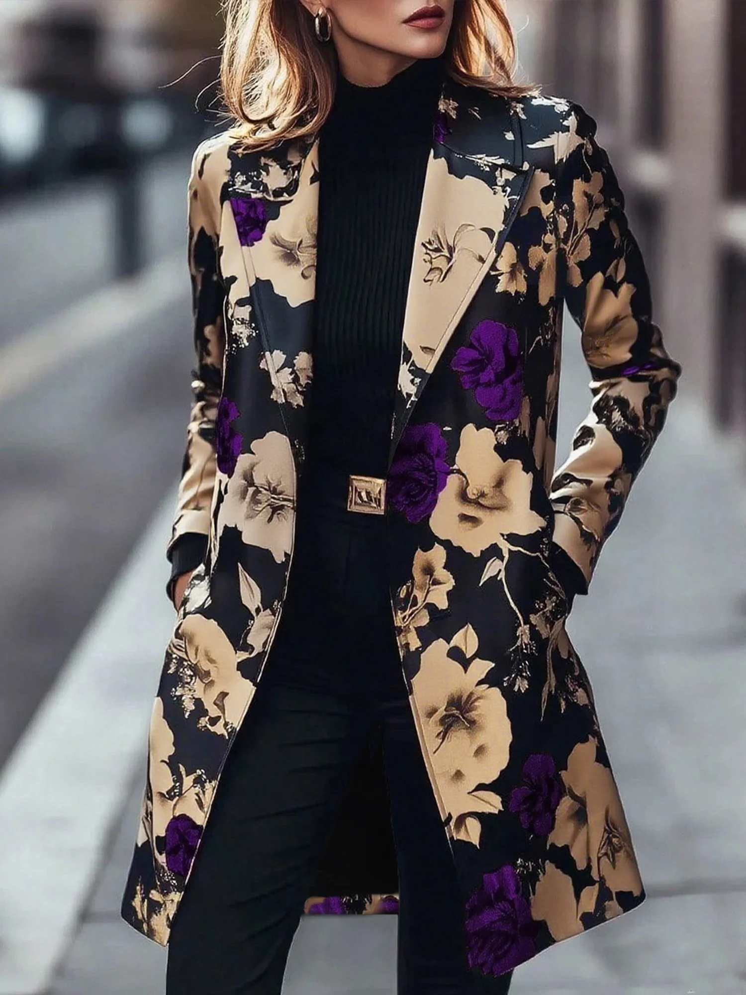 Urban Printing Floral Lapel Collar Coat
