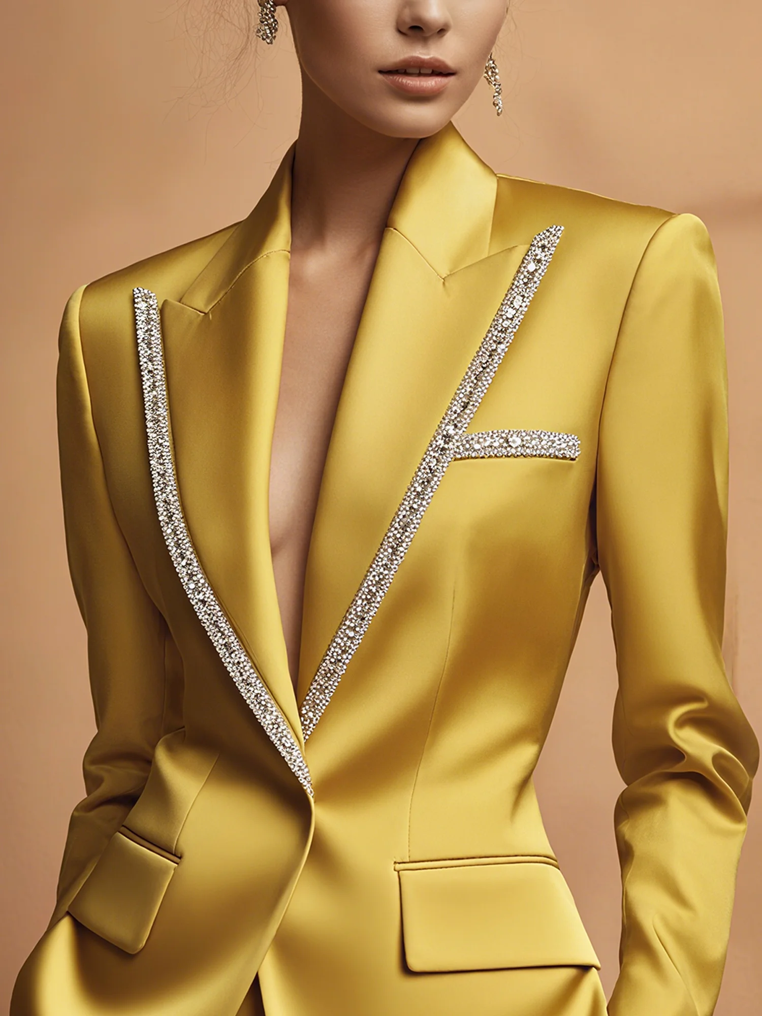 Urban Satin Piping Plain Lapel Collar Blazer