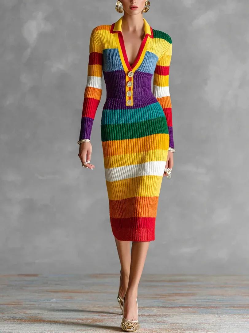 Urban Color Block Buttoned Sweater Midi Dress