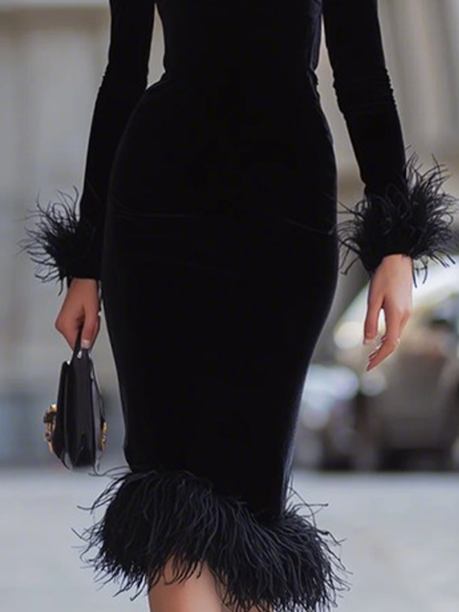 Elegant Plain Velvet Feather-trimmed Stand Collar Midi Dress