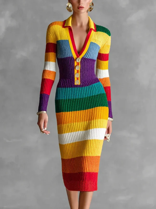 Urban Color Block Buttoned Sweater Midi Dress