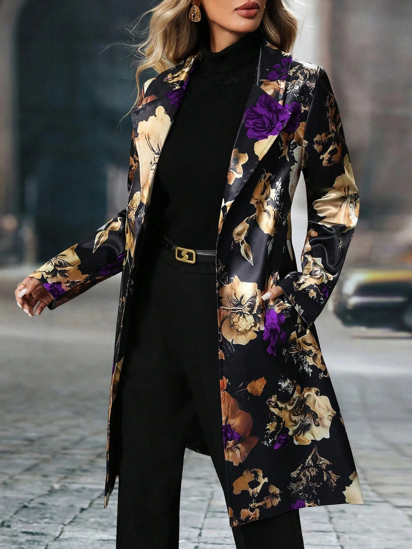Urban Printing Floral Lapel Collar Coat